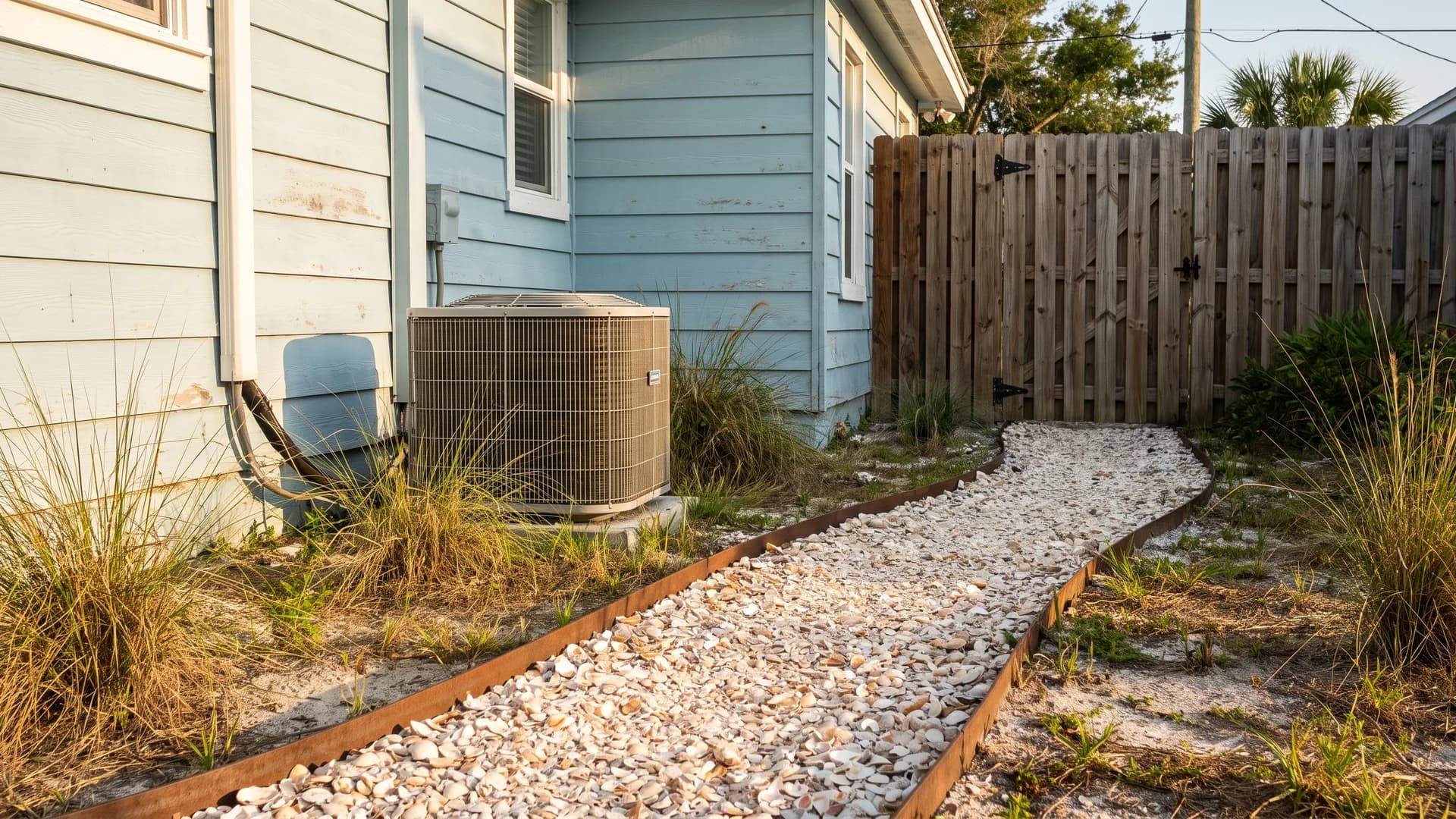 Crushed shell path with steel edging leading to a side gate