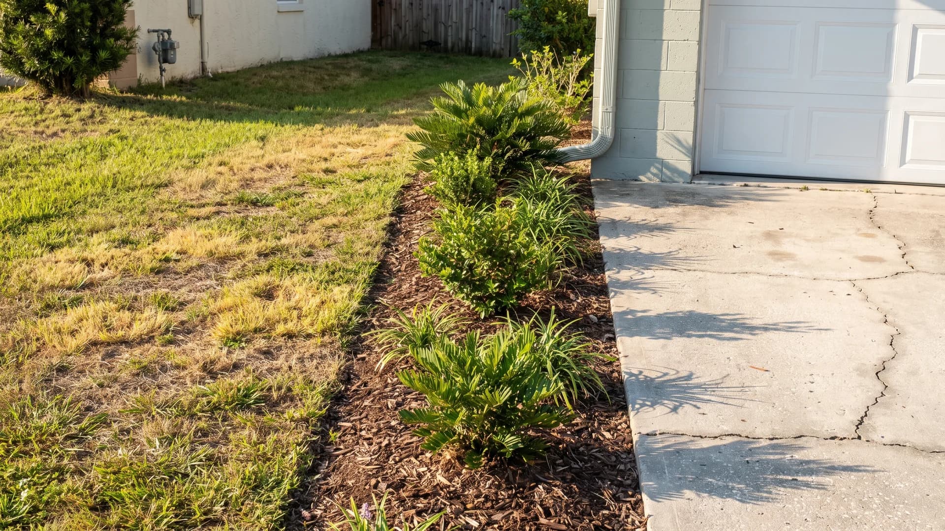 Narrow strip of dying turf beside a driveway replaced with a shrub and groundcover bed