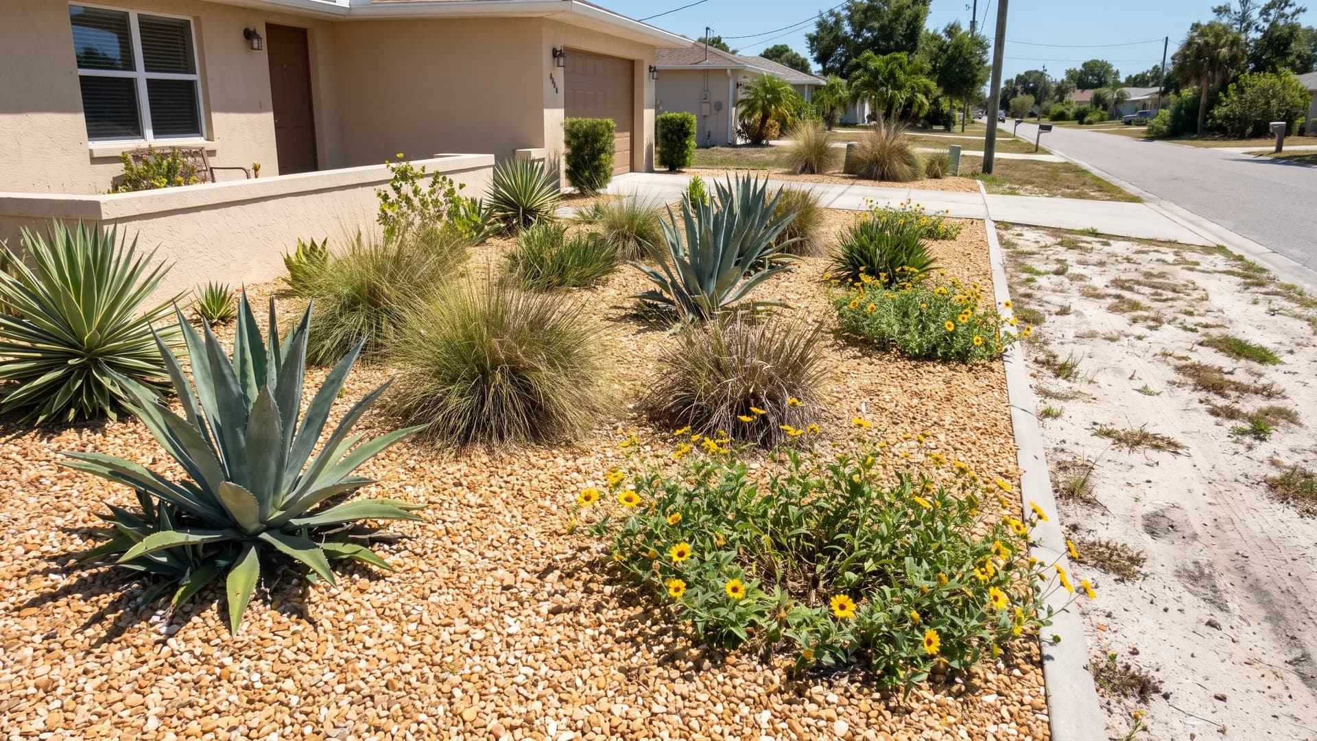 Full sun bed with agave, ornamental grasses, and gravel mulch in a Florida front yard