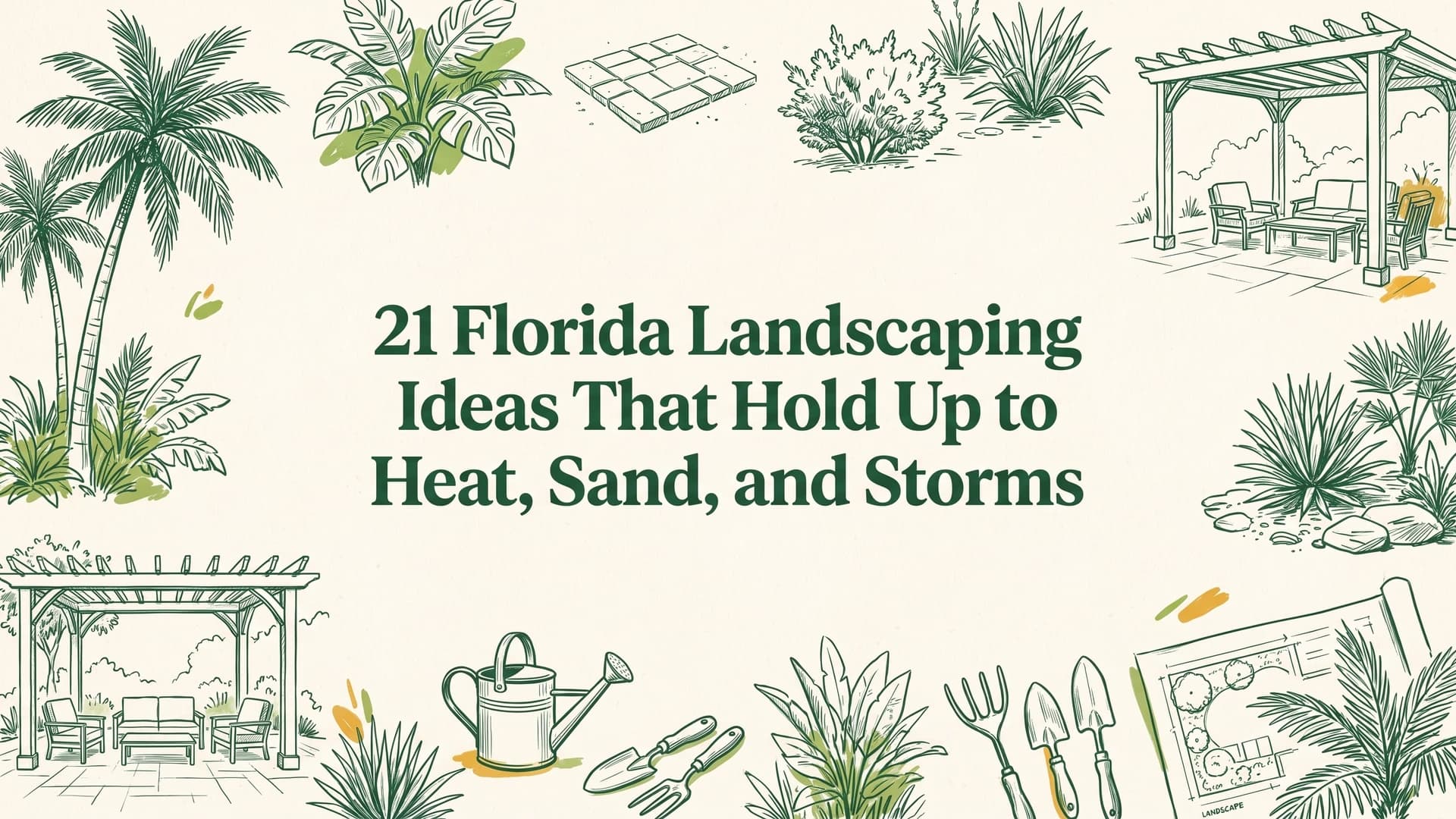 Florida landscaping ideas with palms, crotons, and a mulched front bed at a concrete block house