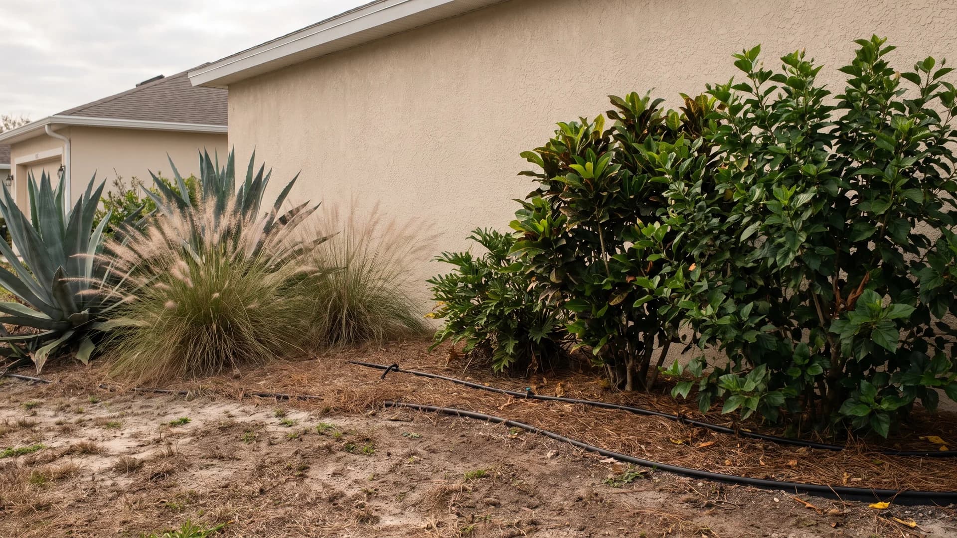 Landscape bed with drought tolerant plants on one side and thirstier plants on another irrigation zone