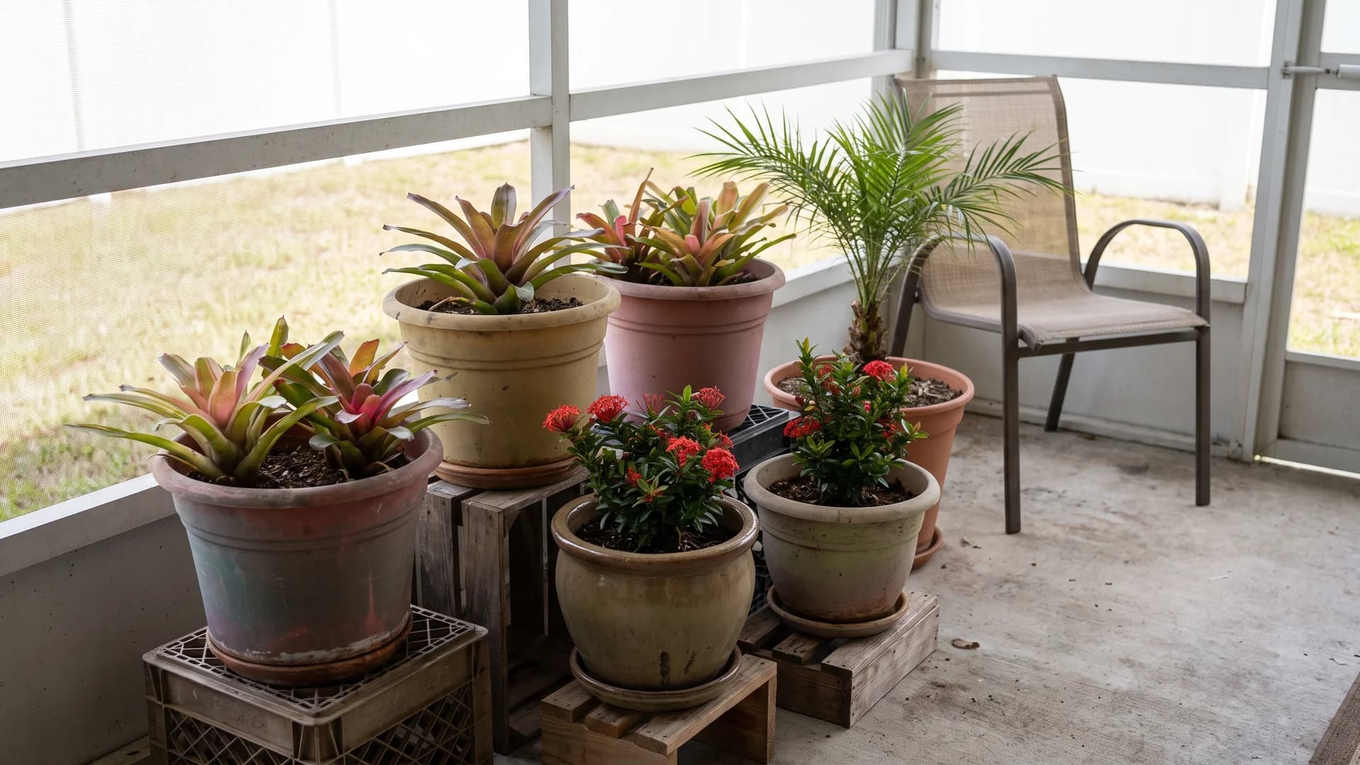 Grouped containers with bromeliads and a small palm on a screened lanai