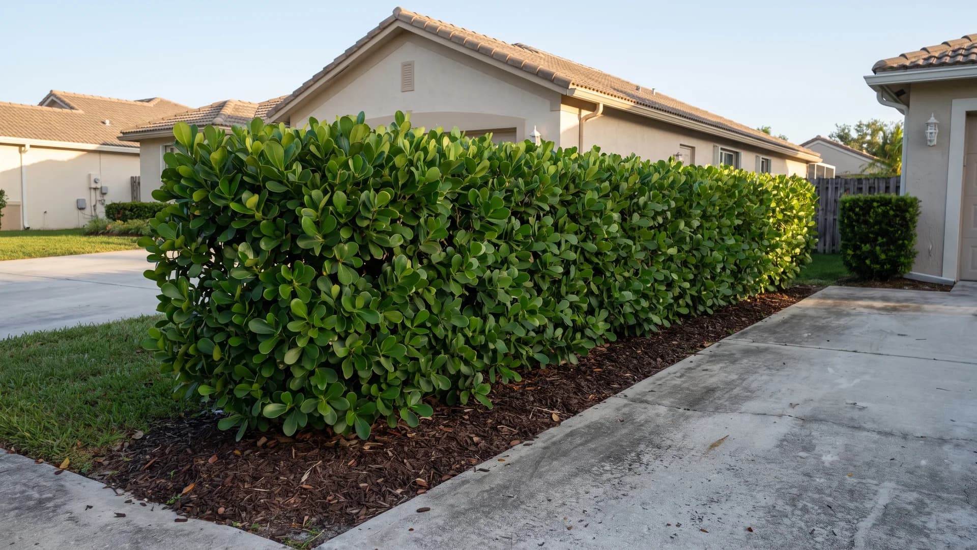 Low clipped clusia hedge running along the edge of a driveway