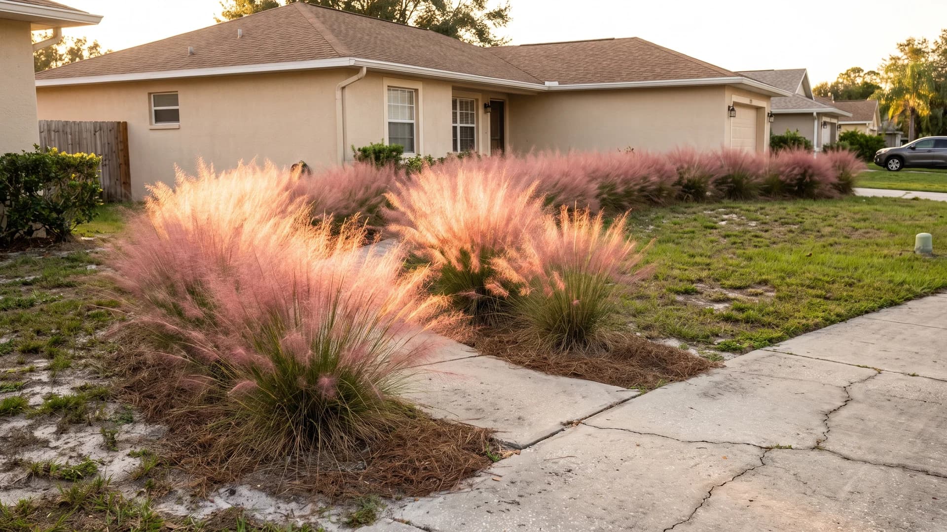 Drift of pink muhly grass blooming along a front walkway in autumn