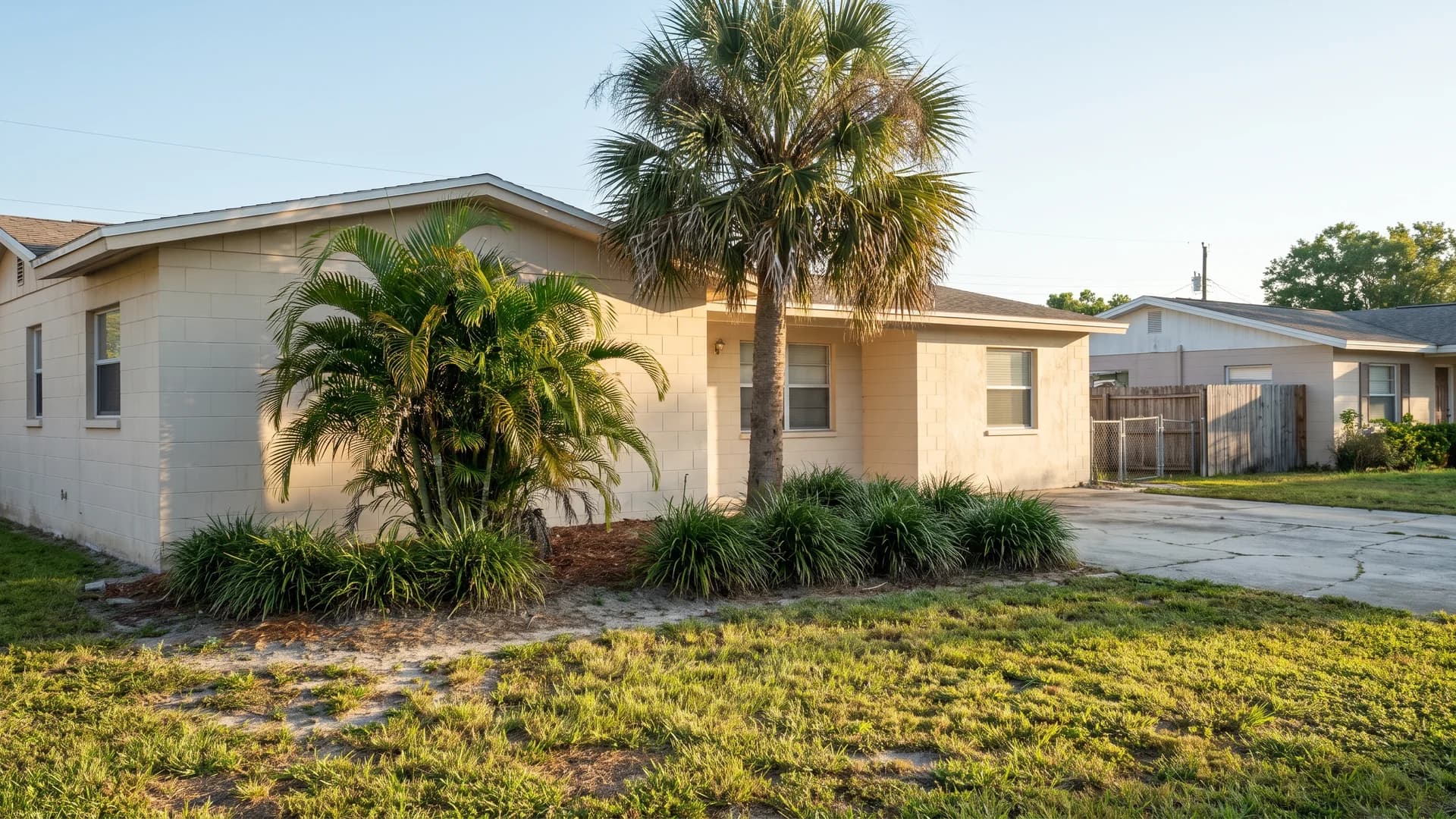 Florida landscaping ideas with a three-height palm bed in front of a concrete block house