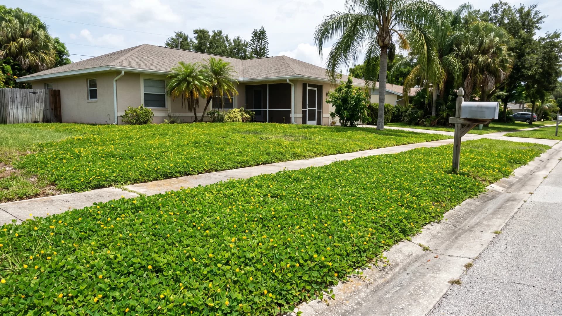 Perennial peanut groundcover with small yellow flowers replacing a front lawn