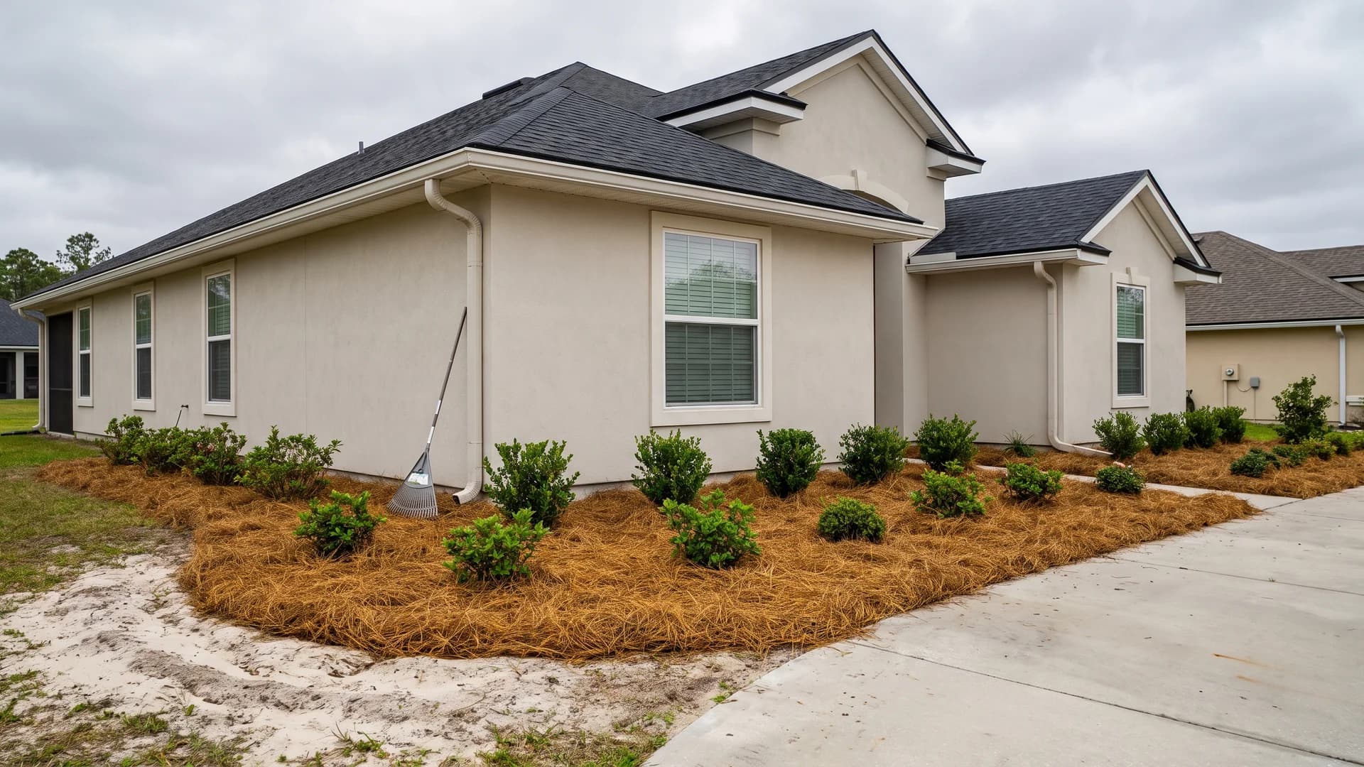 Freshly mulched planting bed with pine straw around shrubs in sandy soil