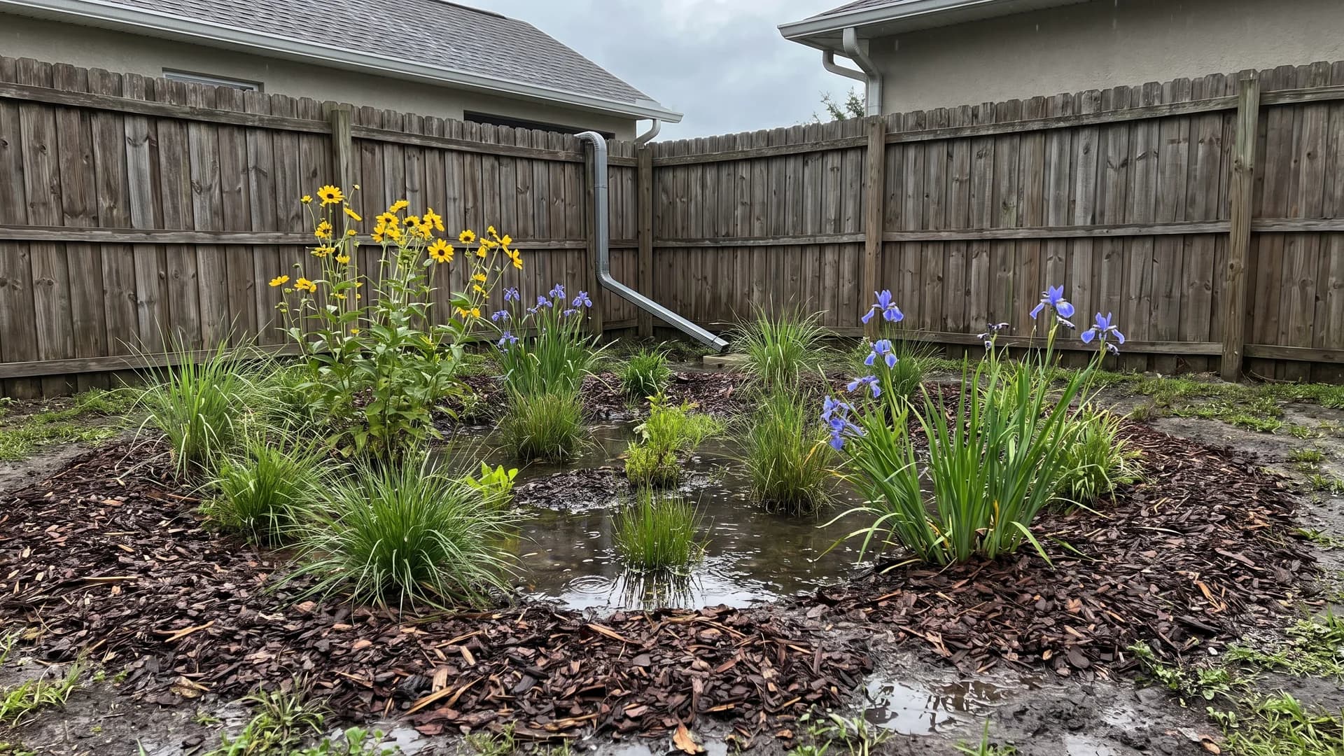 Shallow rain garden planted with iris and native grasses in a low backyard corner
