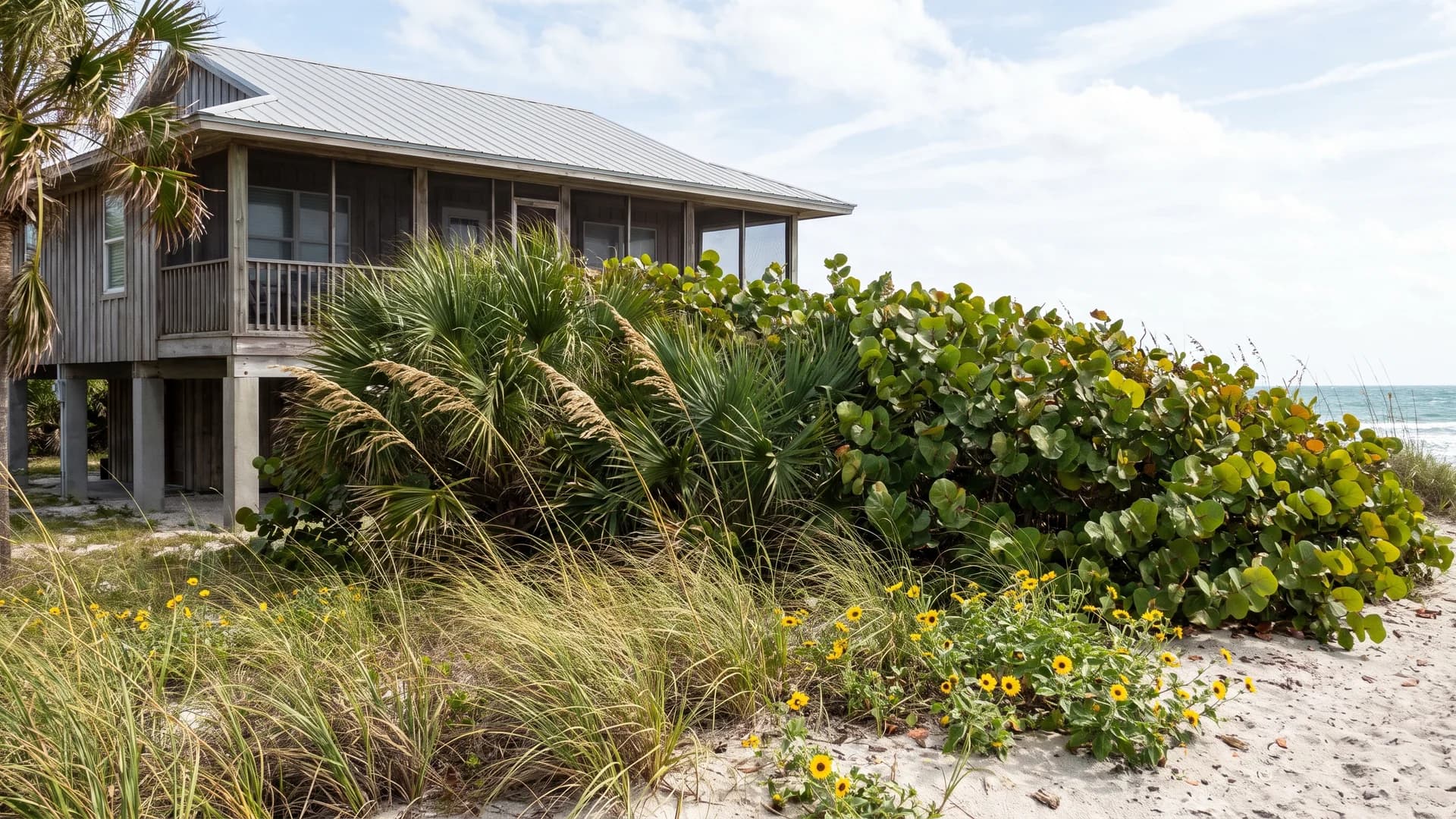 Sea grape and saw palmetto planted as a windward front row on a coastal lot