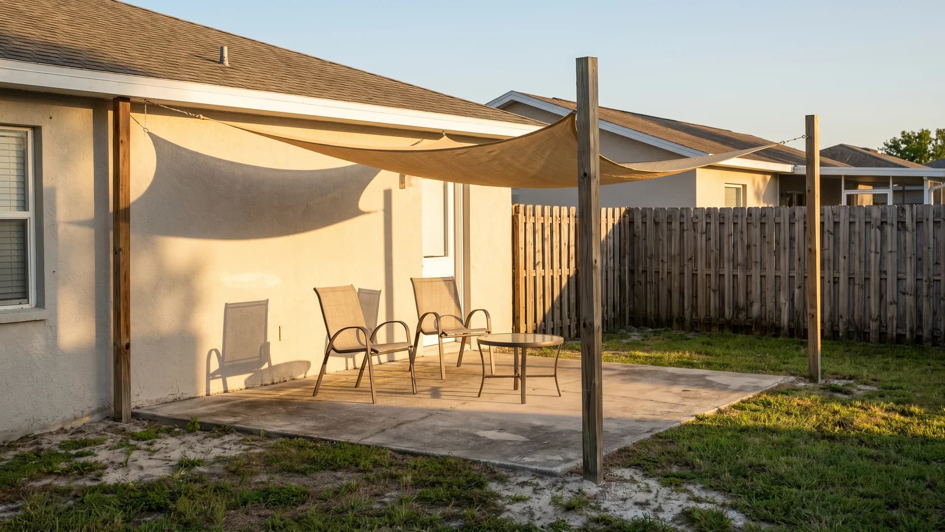 Triangular shade sail stretched over a small concrete patio in late afternoon sun