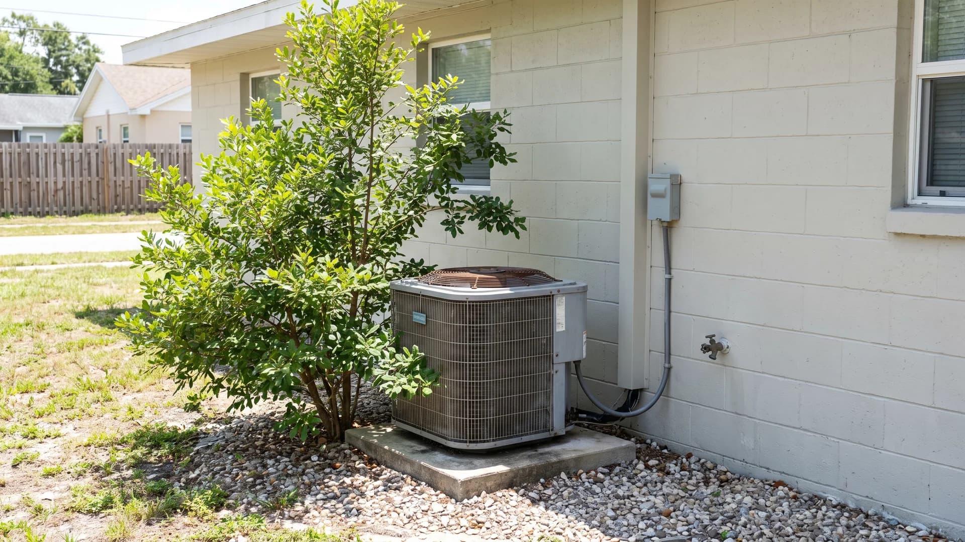 Wax myrtle planted to shade an outdoor air conditioning condenser beside a house