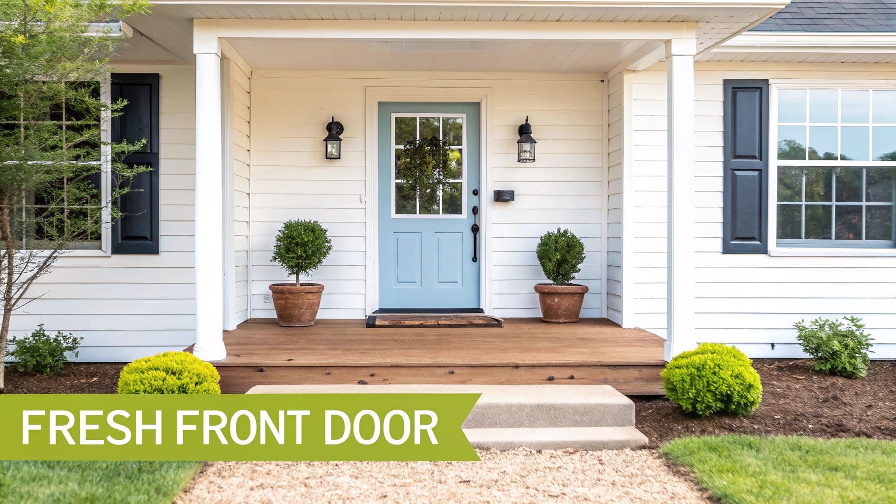 A welcoming light blue front door on a white house with dark shutters and a wooden porch.