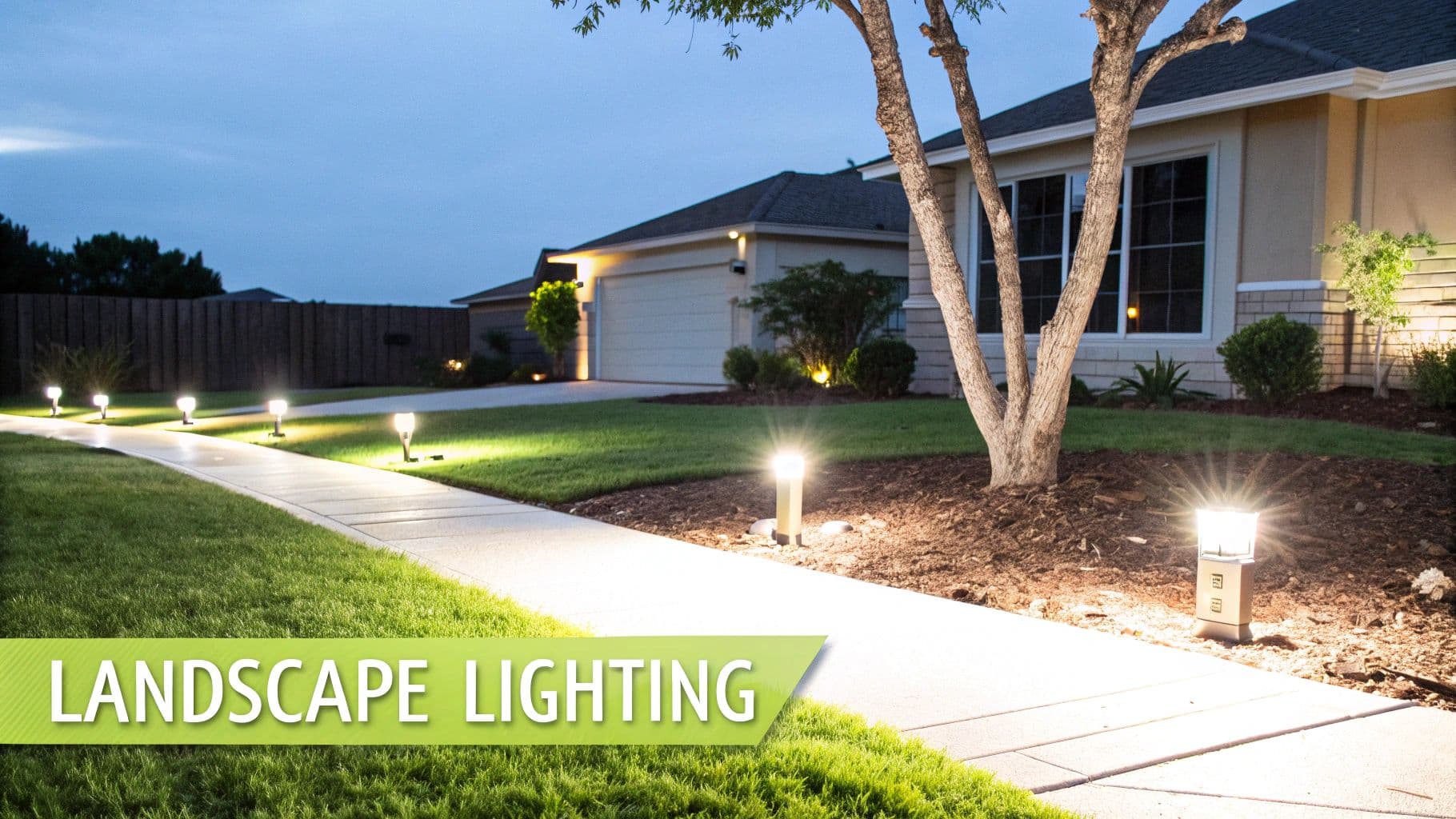 A well-lit front yard at dusk featuring landscape lighting along a pathway and house.