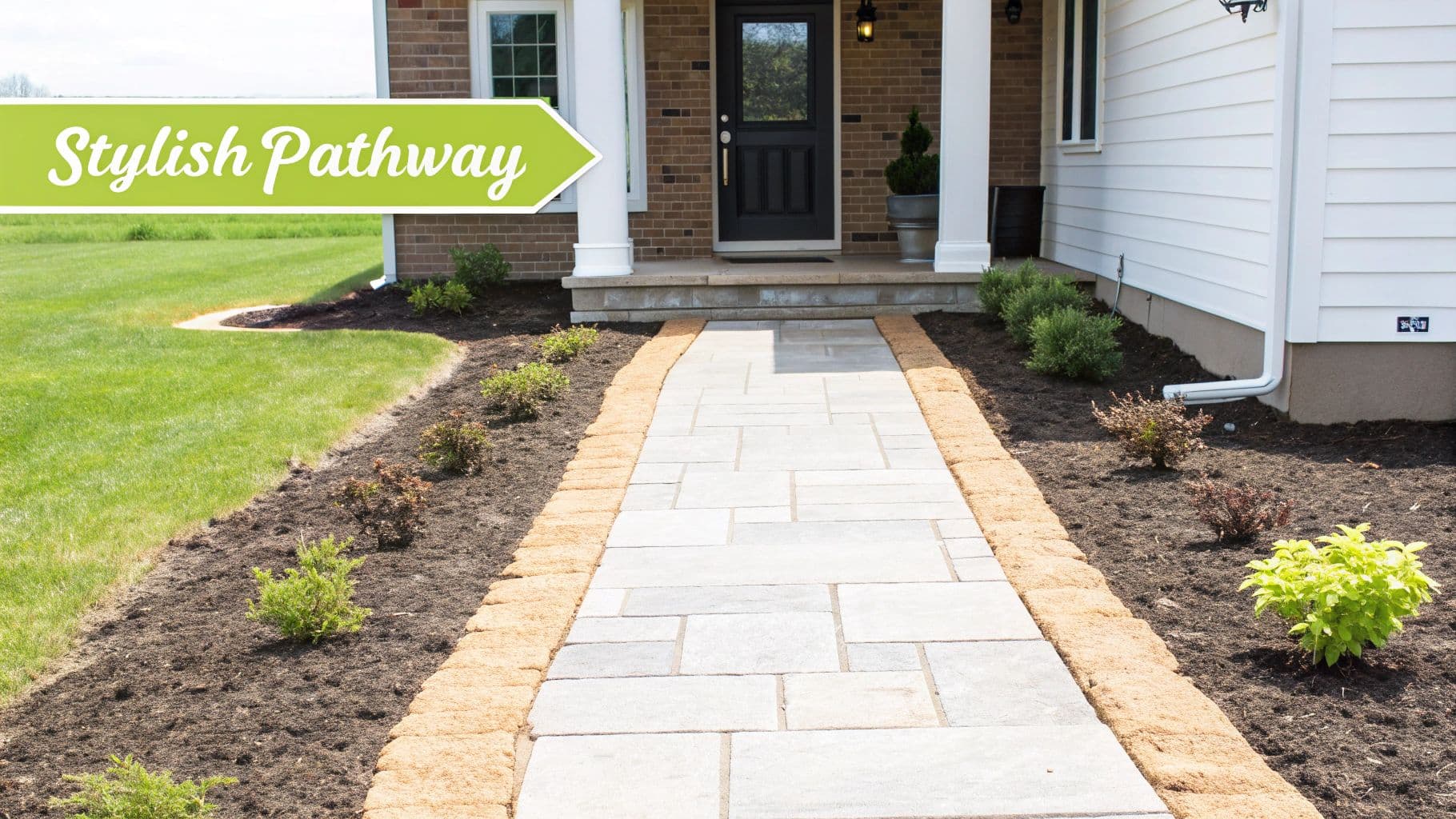 A stylish stone paver pathway leads to a home's front door, flanked by mulched garden beds and small shrubs.