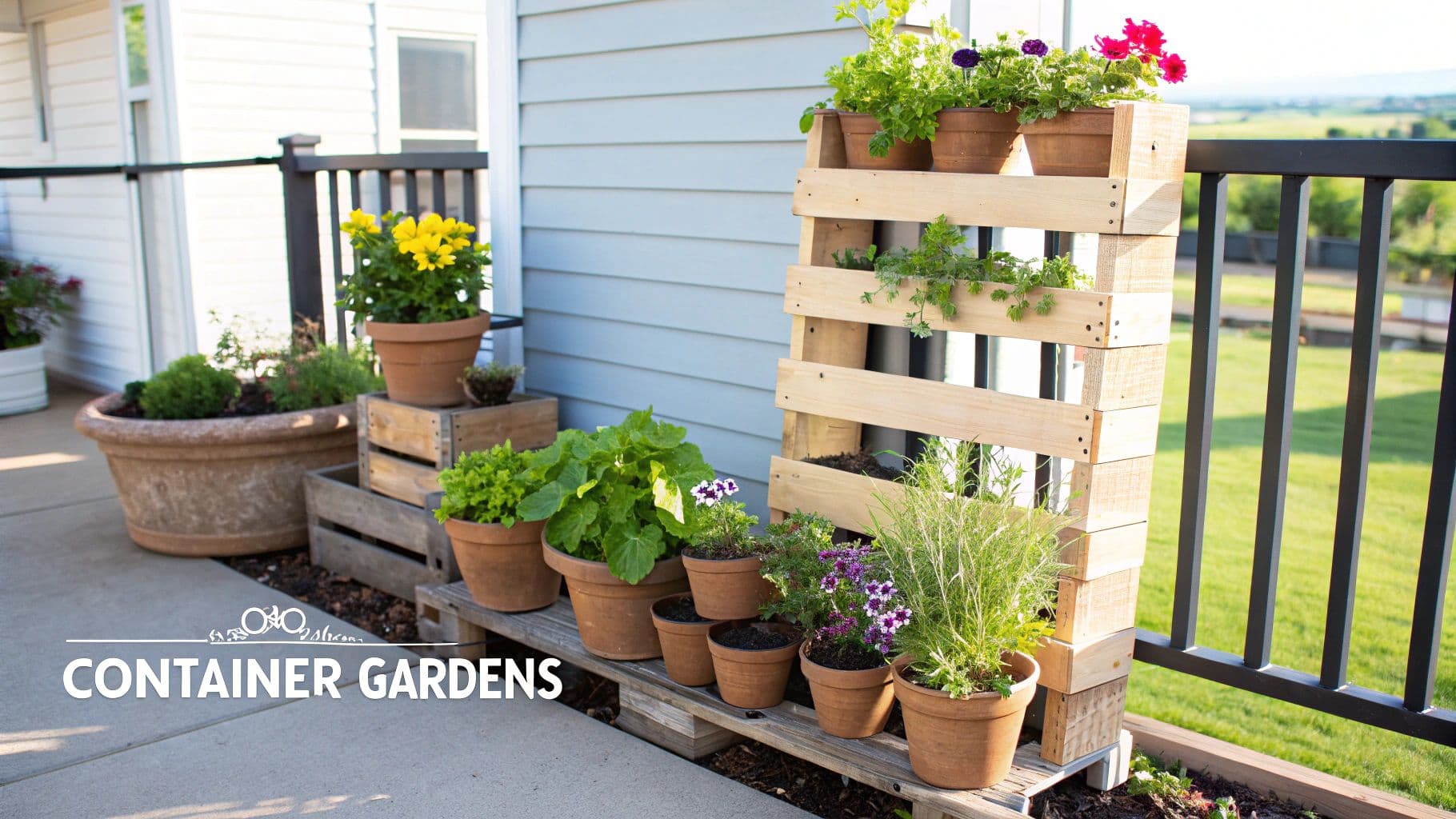 A vibrant patio garden with numerous potted plants, a wooden vertical planter, and various flowers.