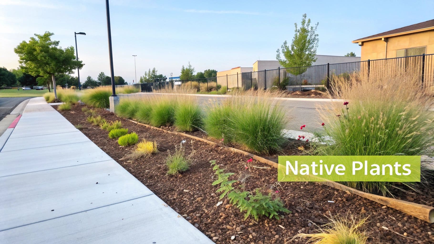 A well-maintained sidewalk borders a landscape bed filled with lush native grasses and small plants.