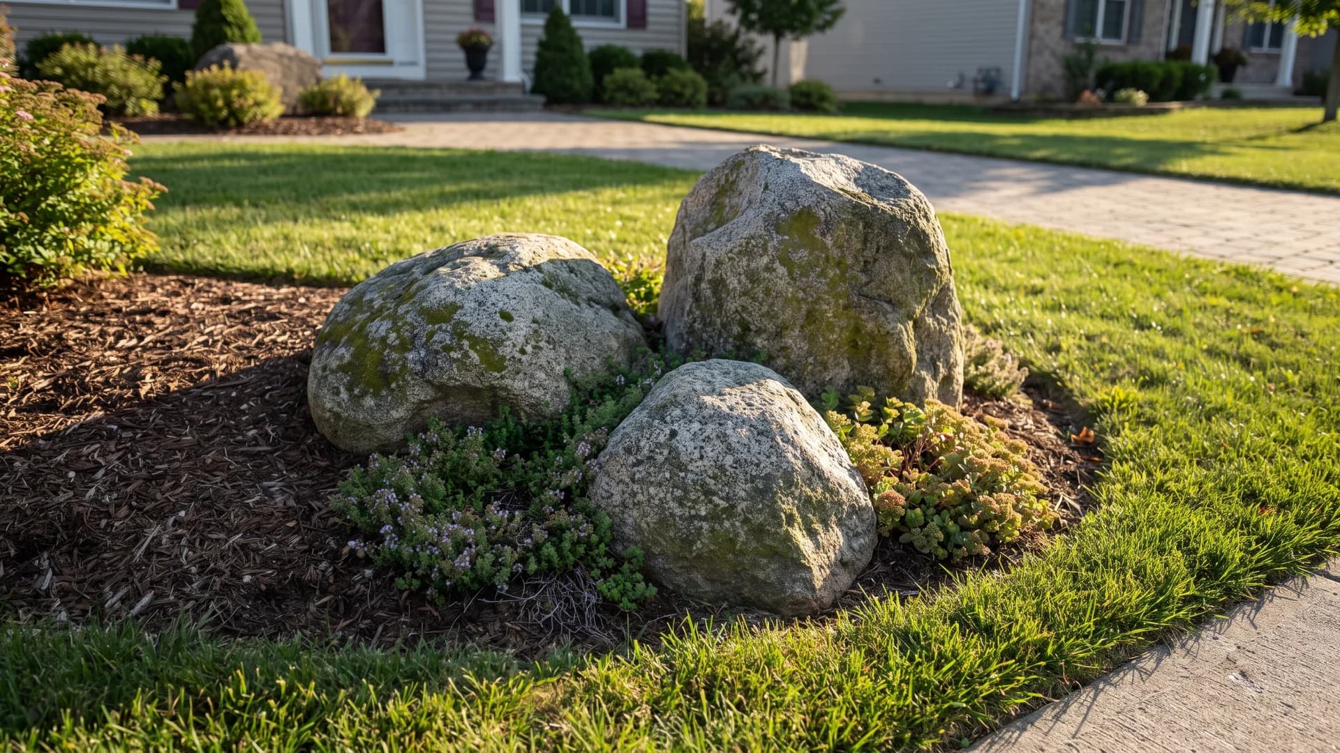 Three one-man boulders clustered at the corner of a front planting bed