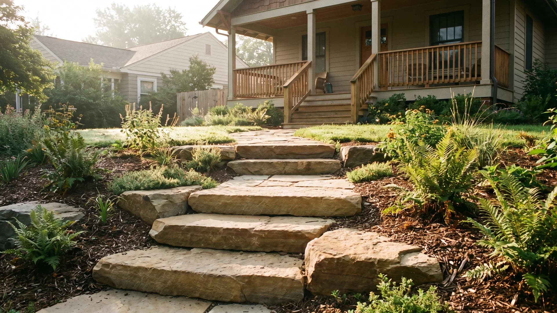 Boulder steps set into a sloped front yard entry path