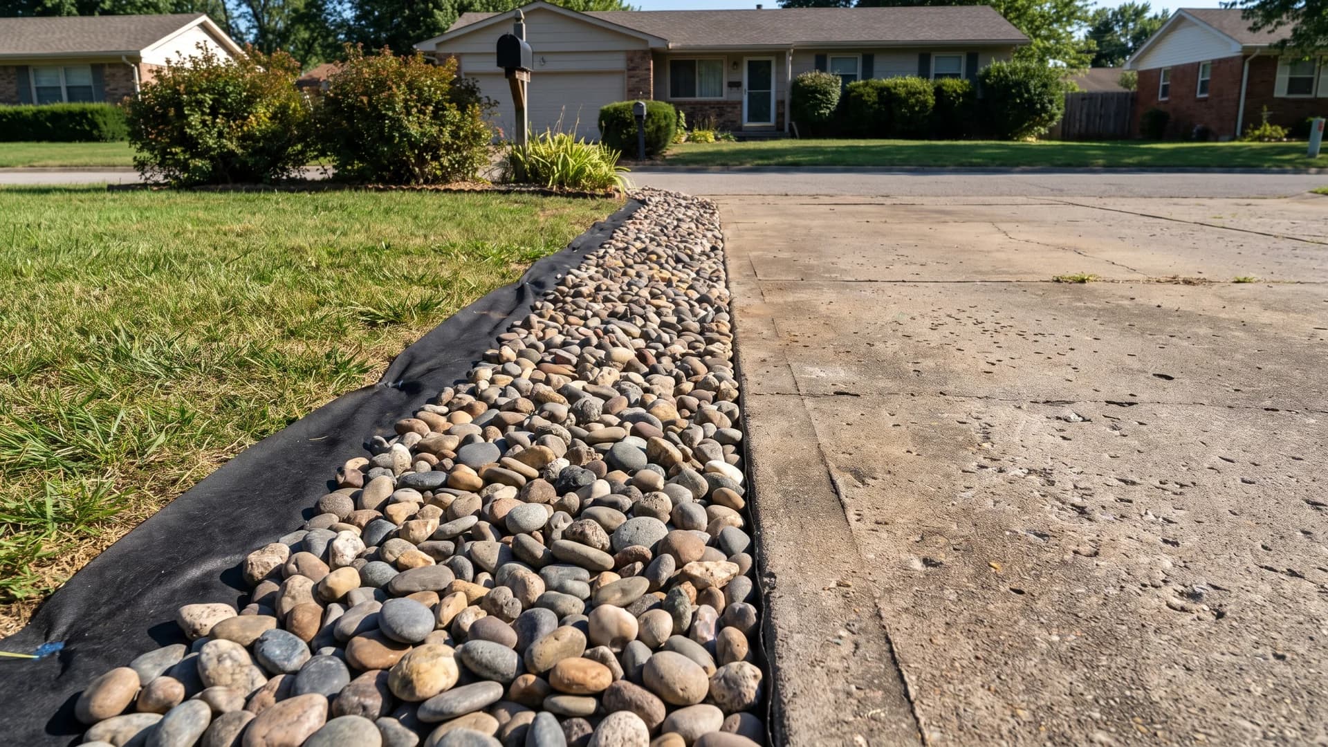 River rock band running along the edge of a concrete driveway