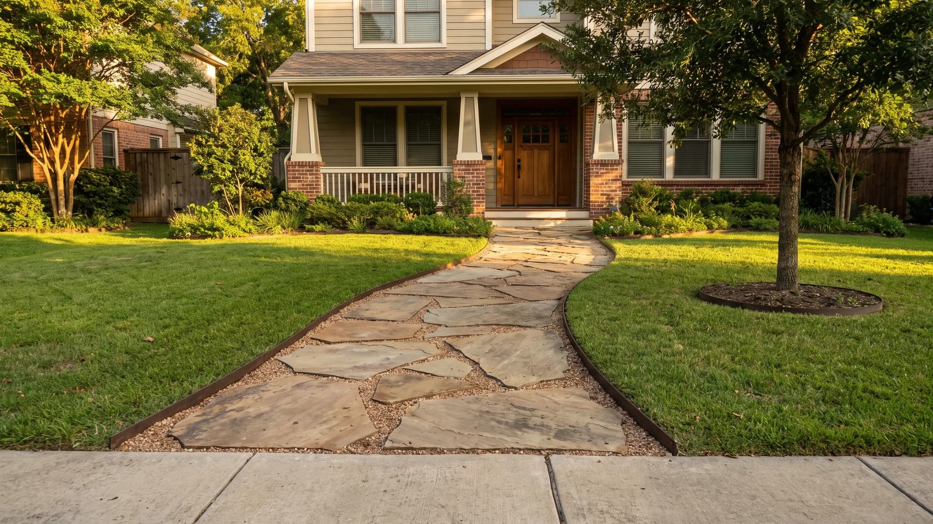 Flagstone path with gravel joints crossing a front yard to the door