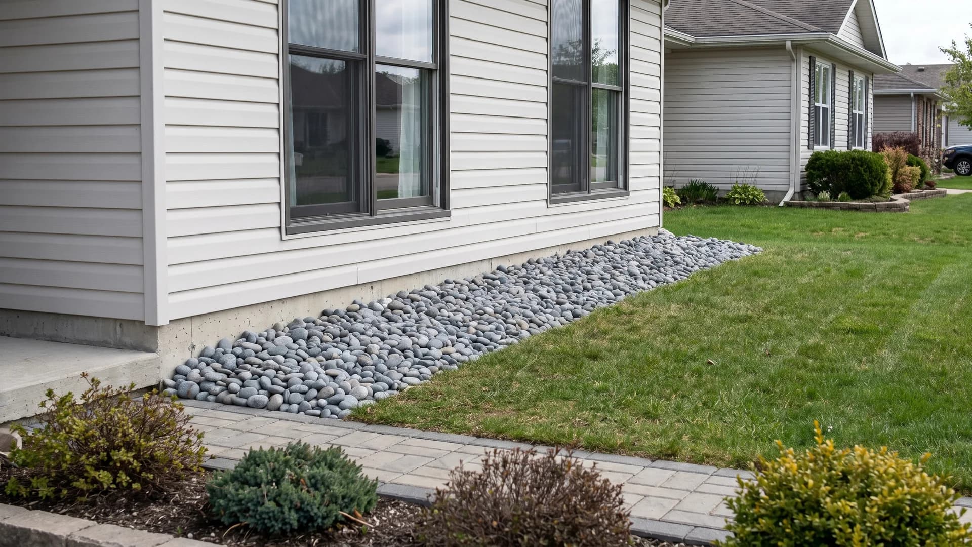 Neat pebble strip along the house foundation under front windows