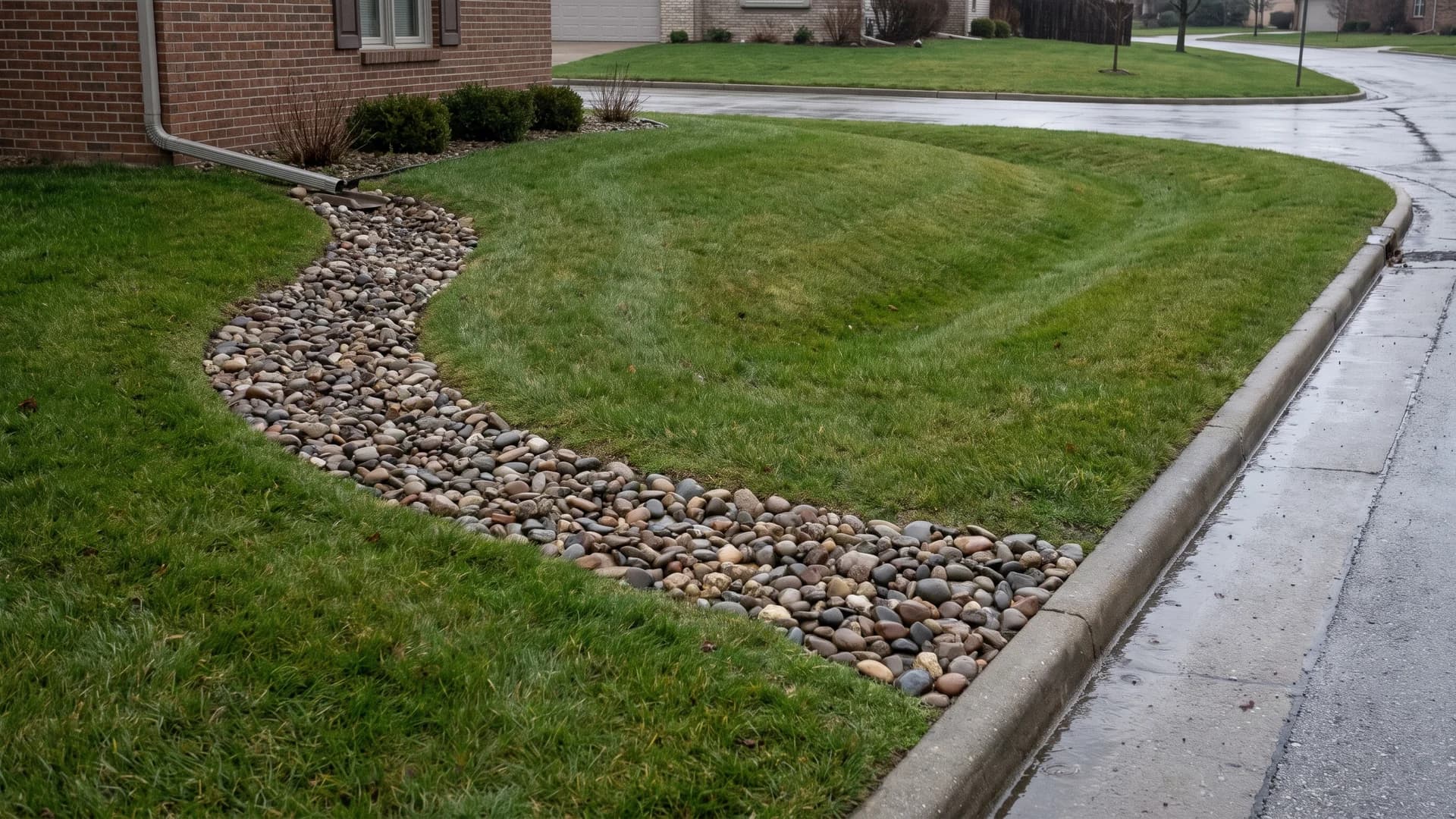 Dry creek bed of river rock running from a front downspout toward the curb
