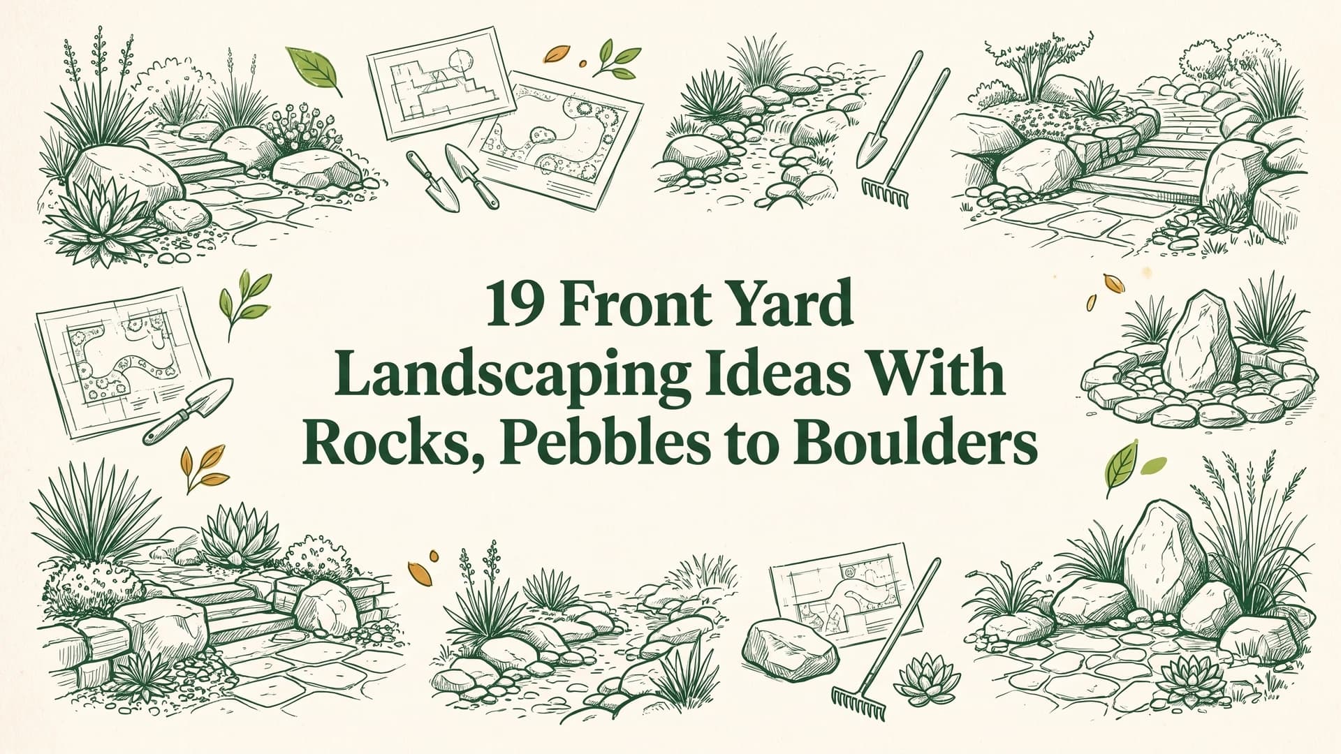 Front yard landscaping ideas with rocks showing boulder accents, rock mulch beds, and a gravel walkway