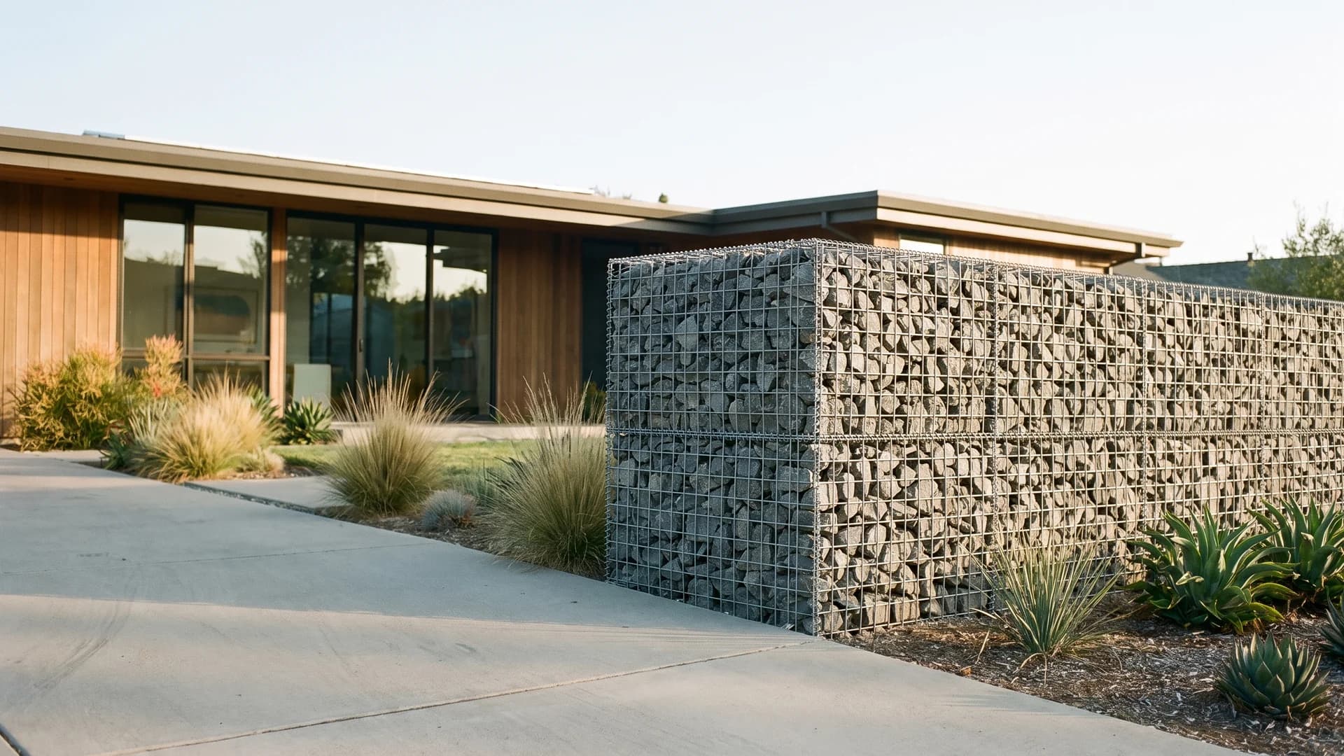 Gabion wire cage wall filled with stone as a modern front yard accent