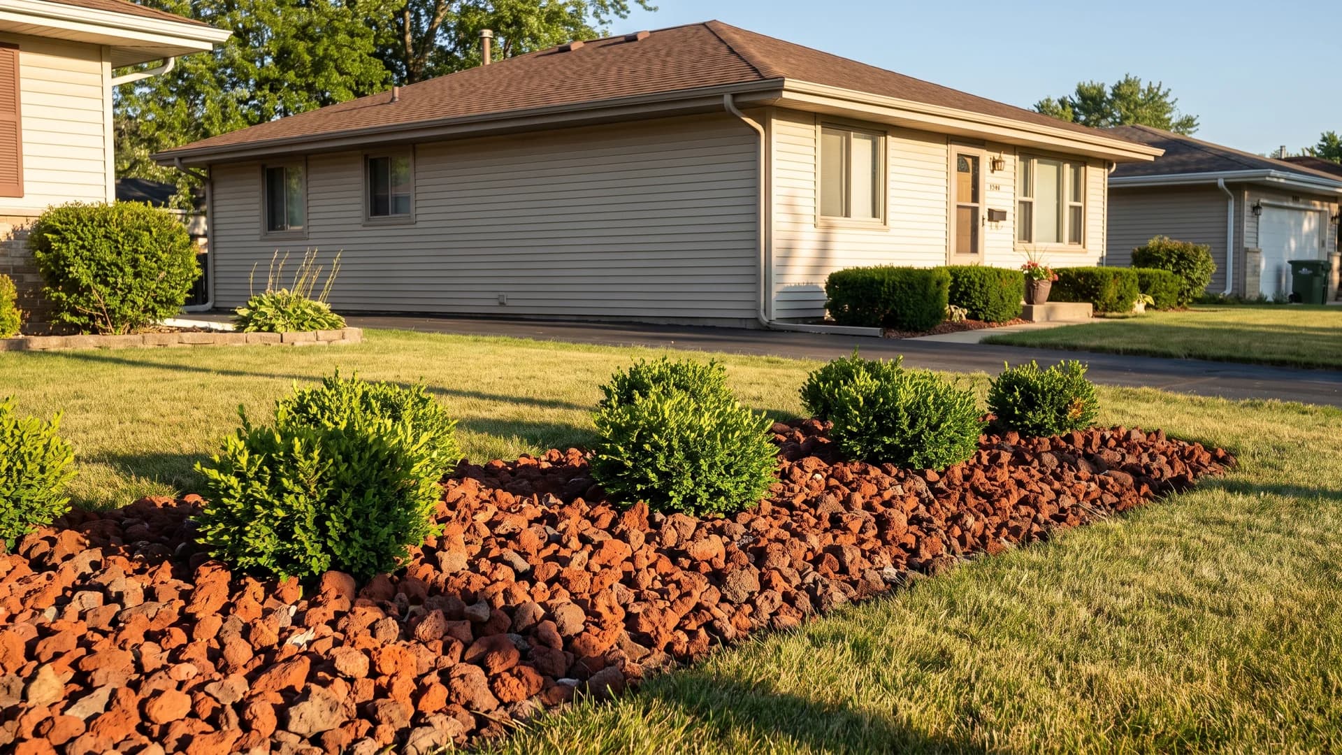 Dark red lava rock bed with green shrubs in a front yard