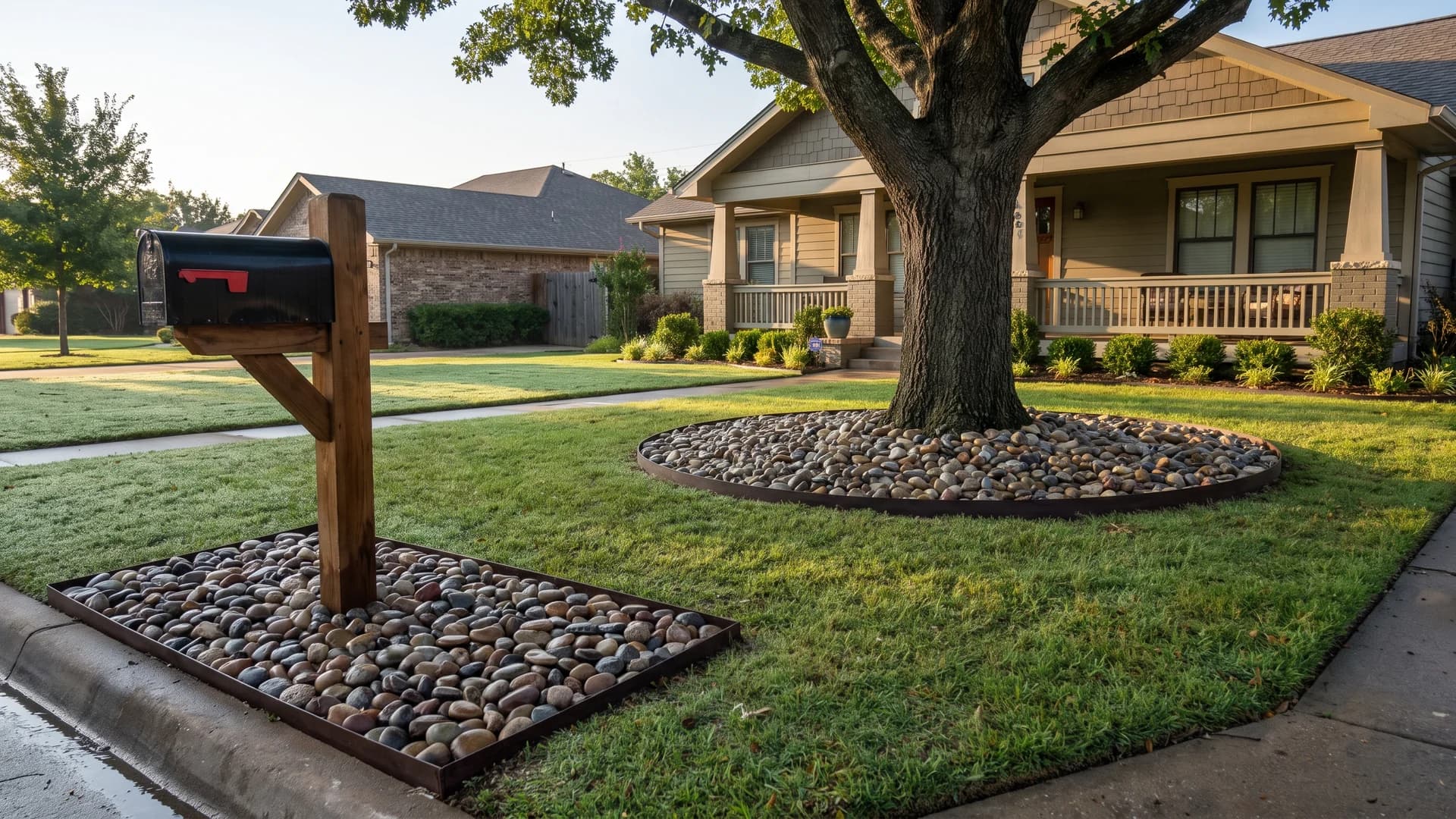 Matching river rock rings around a front yard tree and mailbox bed
