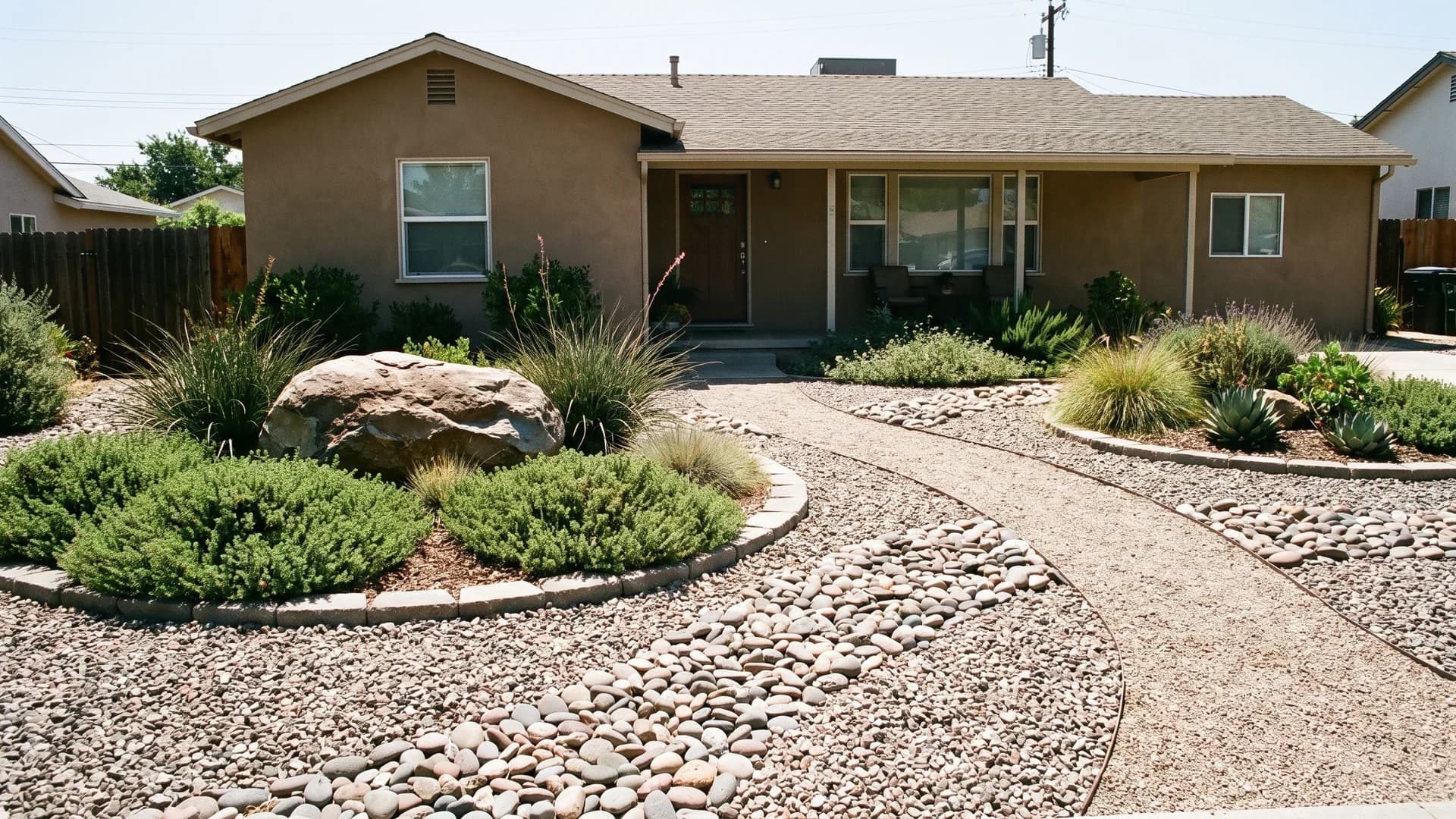 Front yard with no grass: rock groundcover, planting pockets, and a gravel path