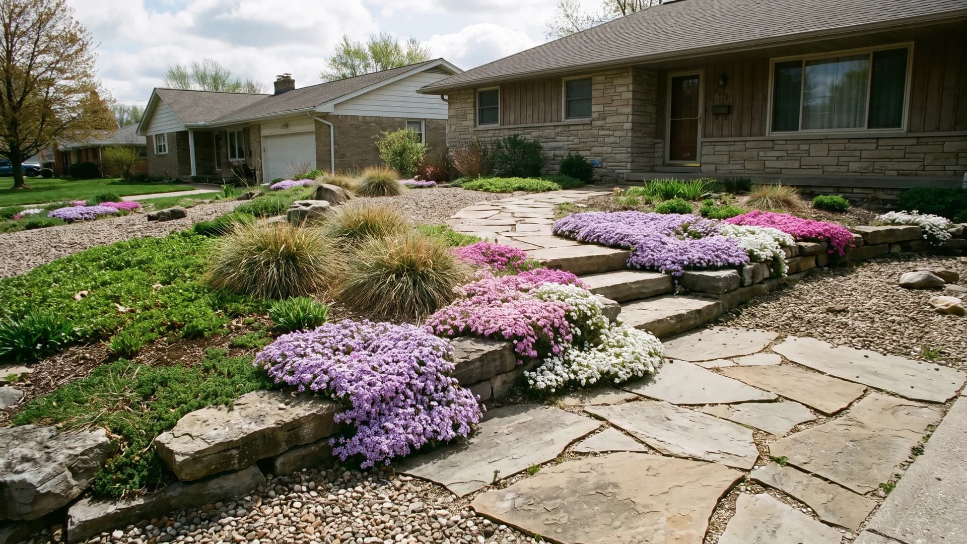 Front rock yard softened by creeping phlox and groundcover patches between stone