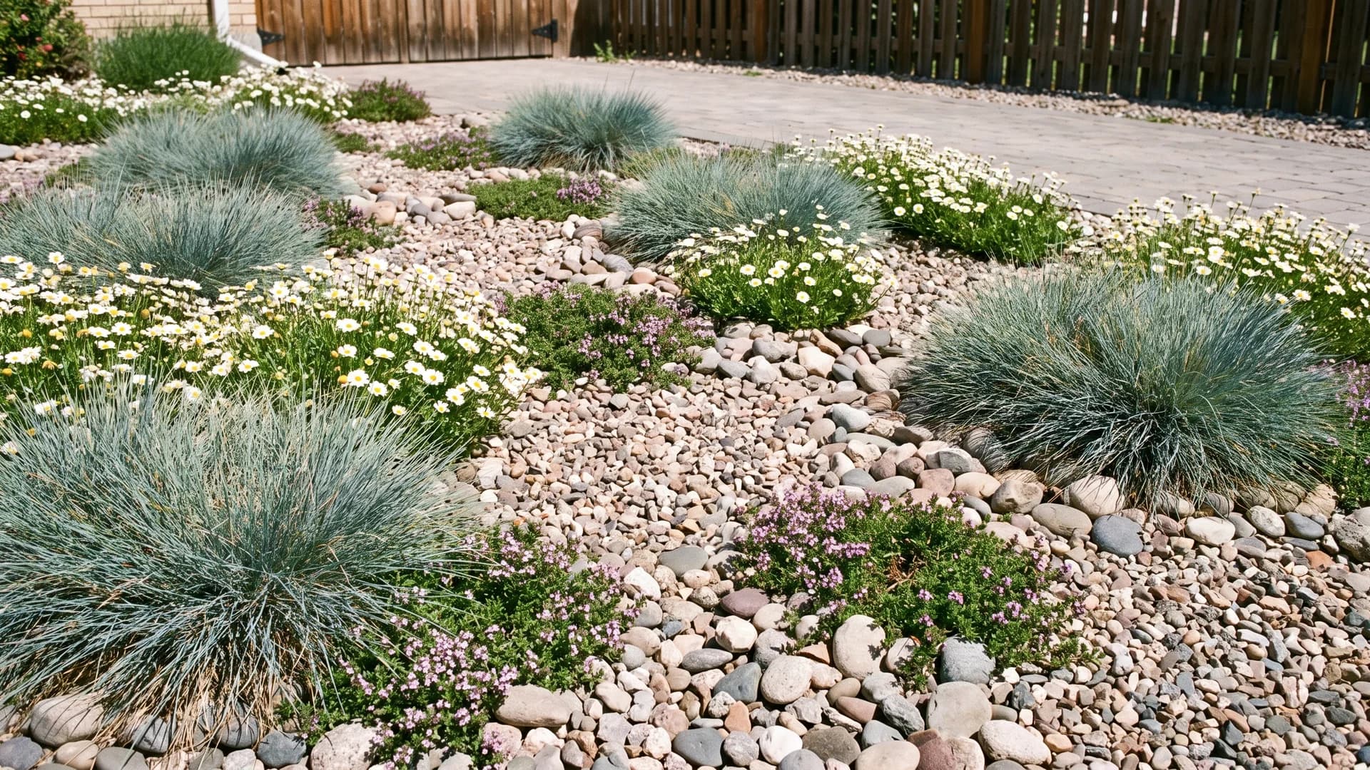Ornamental grasses and small flowering plants growing from pockets in a front rock bed
