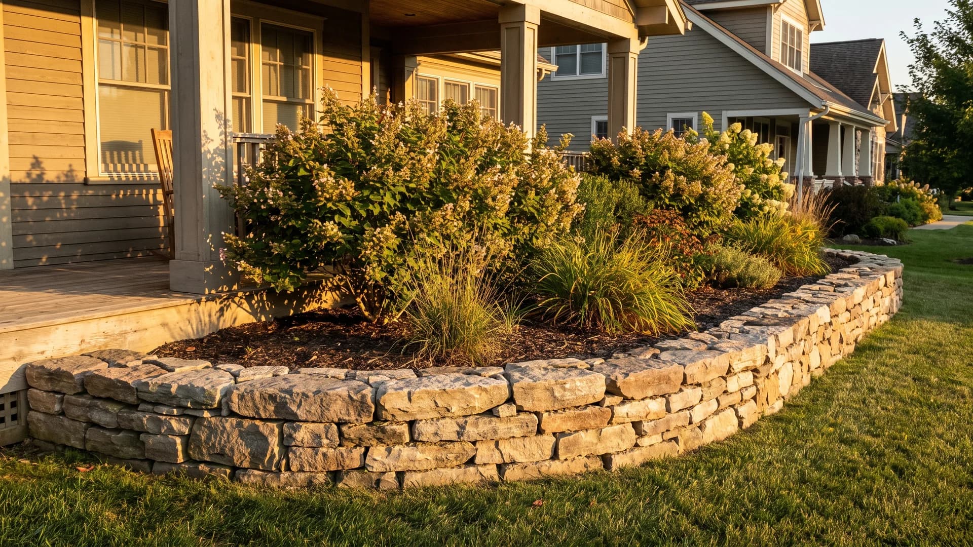 Low stacked stone wall along the front porch foundation with planting above