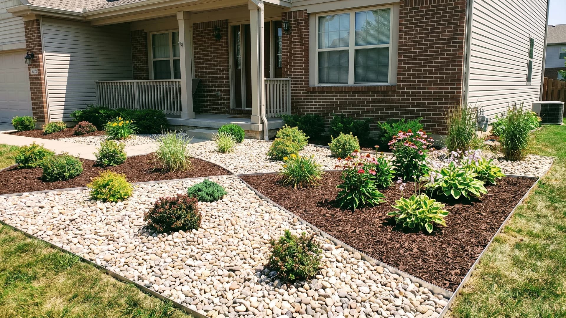 Front beds alternating between rock mulch sections and dark wood mulch planted sections
