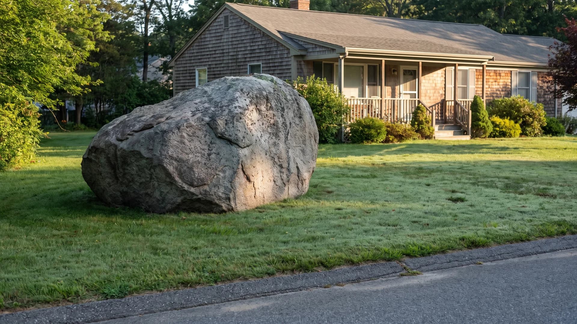 Front yard landscaping ideas with rocks: a large granite boulder placed off-center as a focal point