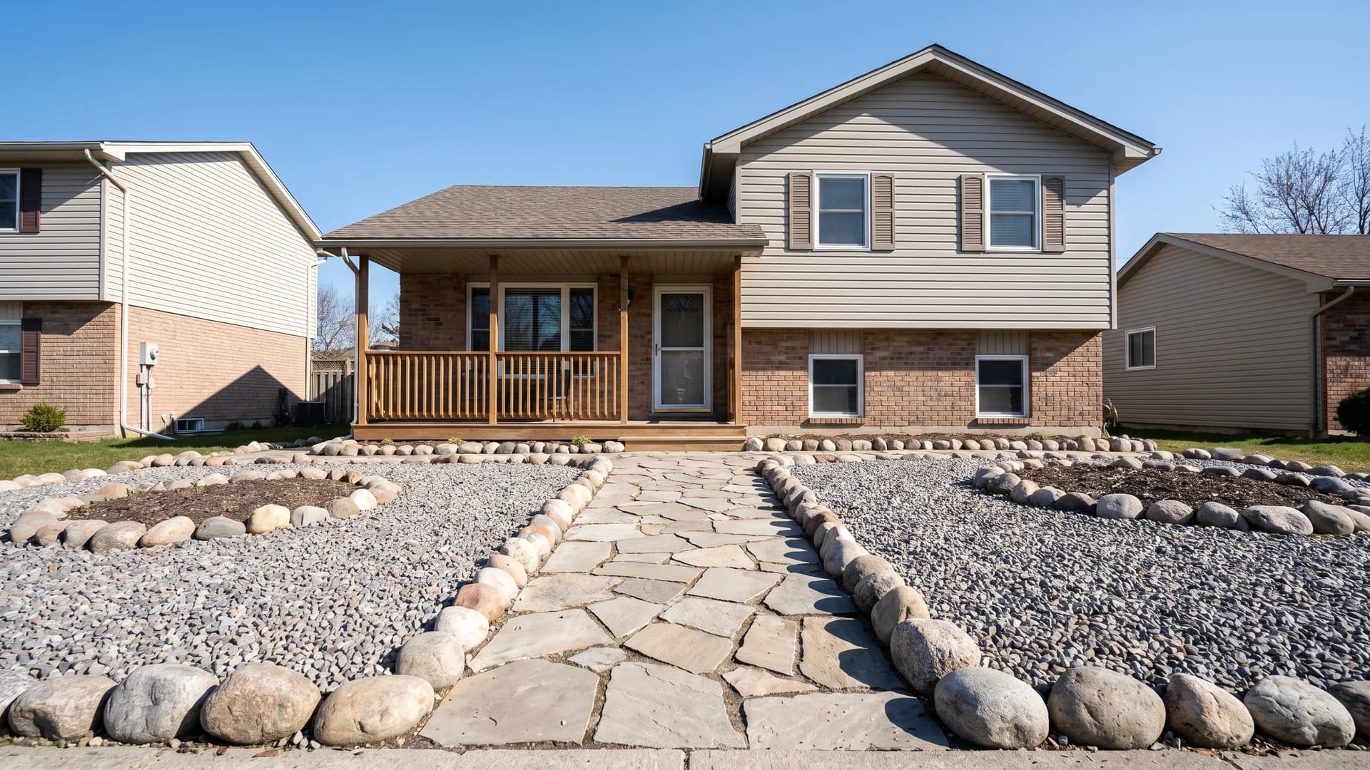 Two-tone rock beds with small gray stone and river rock border along a front walkway