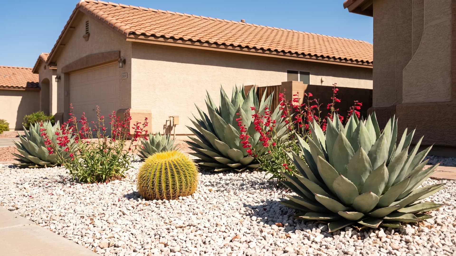 Desert bed of white rock with agave and golden barrel cactus in a front yard