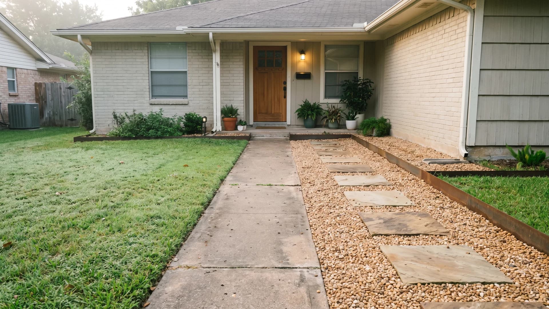 Widened front walkway of pea gravel with large stepping stones