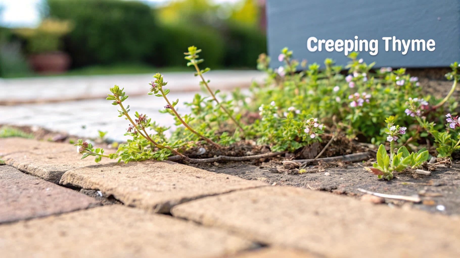 Close-up of creeping thyme with small pink flowers growing between tan patio pavers in a garden.