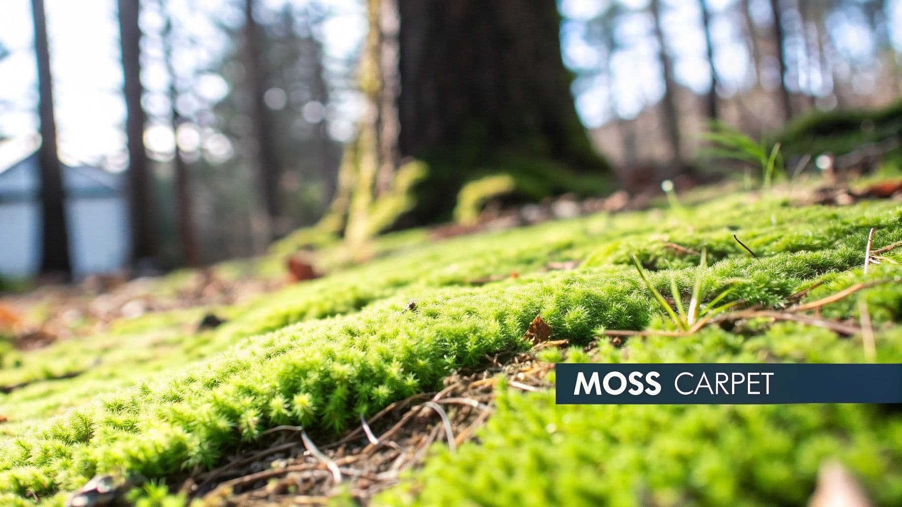 Vibrant green moss forms a soft, lush carpet on the forest floor, with blurred trees.