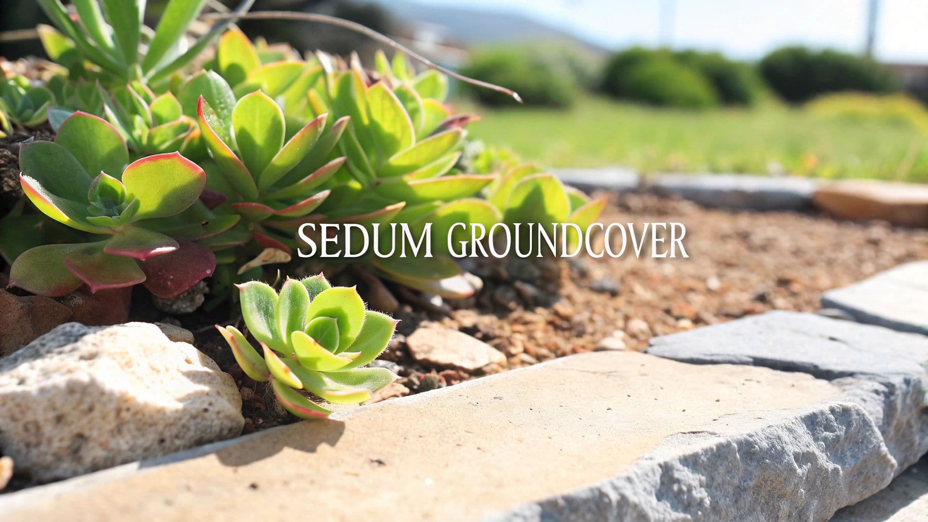 Lush green sedum succulents with reddish edges growing as groundcover in a garden bed with stone borders.