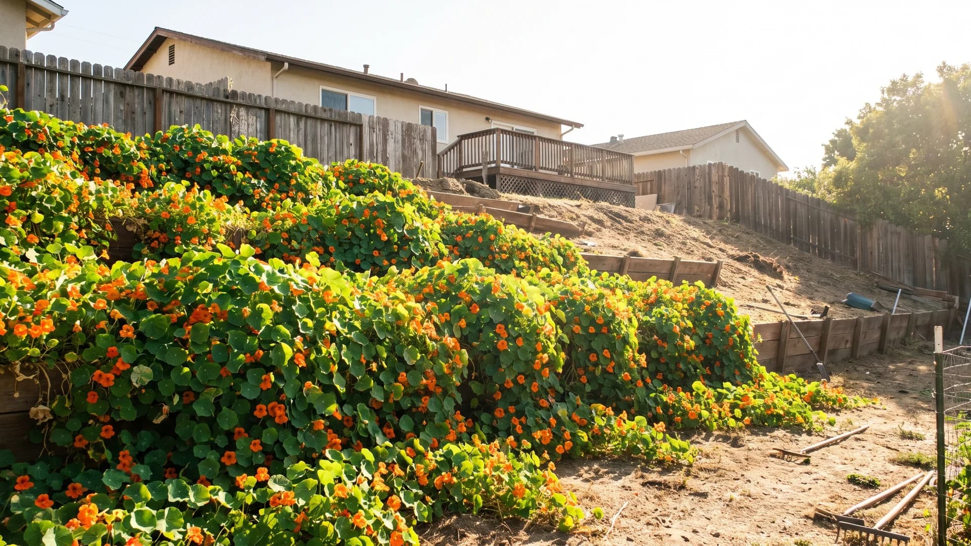 Hillside landscaping ideas on a budget with nasturtiums and groundcover spreading across a slope
