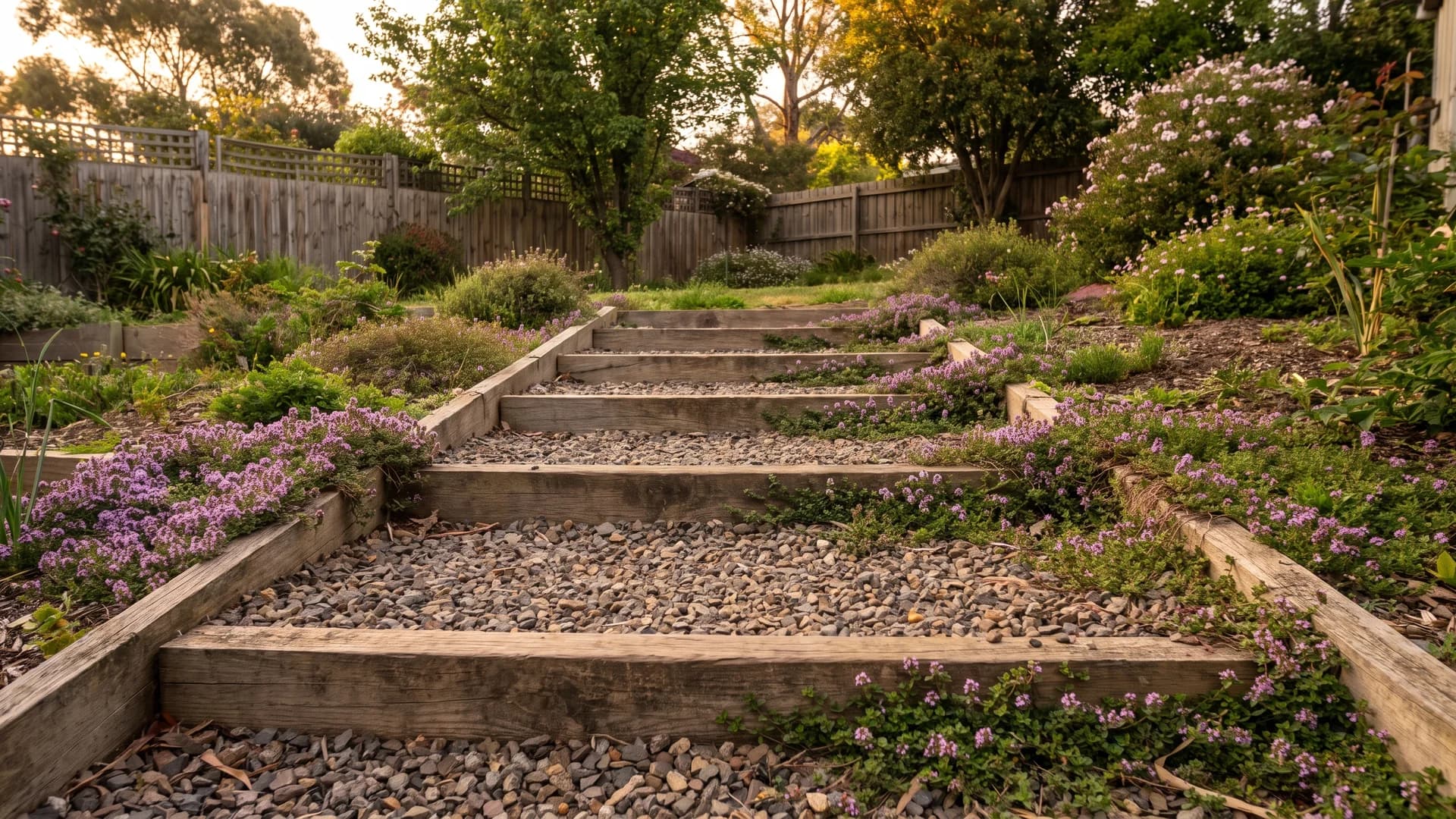 Timber and gravel steps with deep treads climbing a garden slope