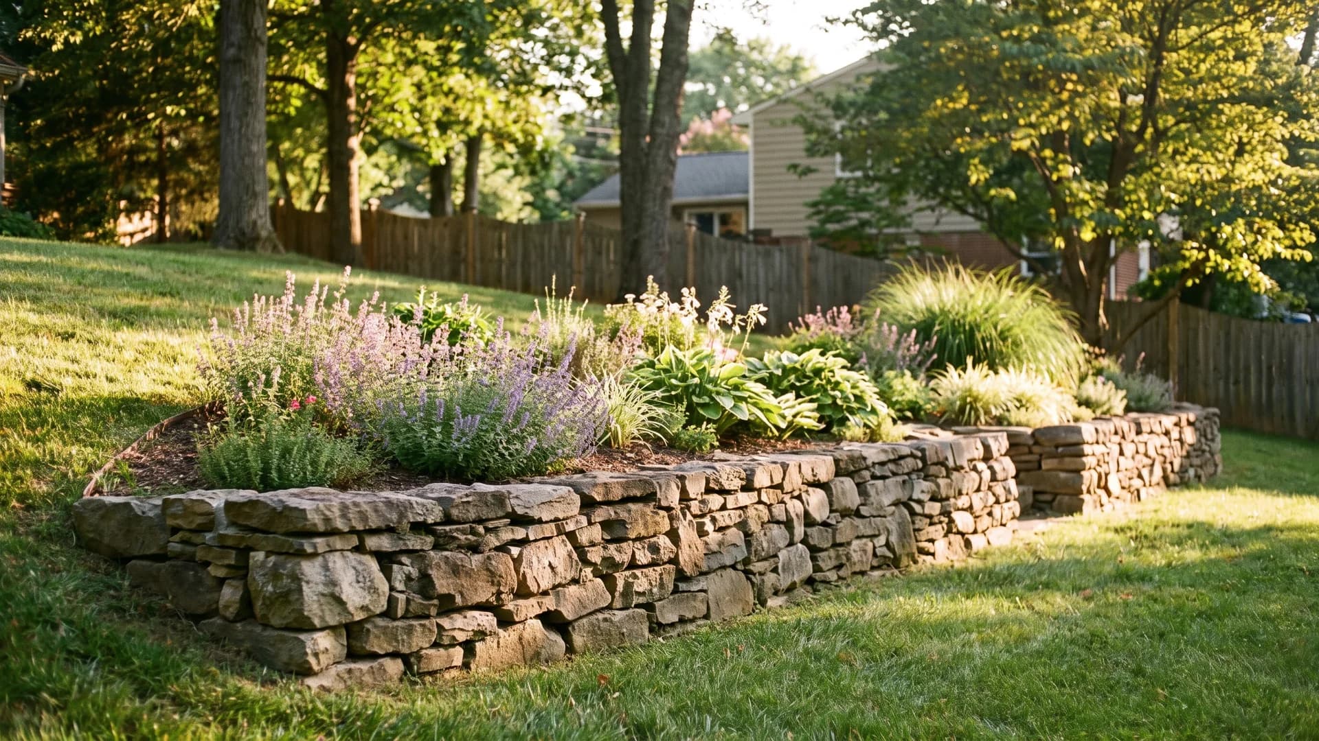 Low dry stacked stone wall creating a planting terrace on a slope