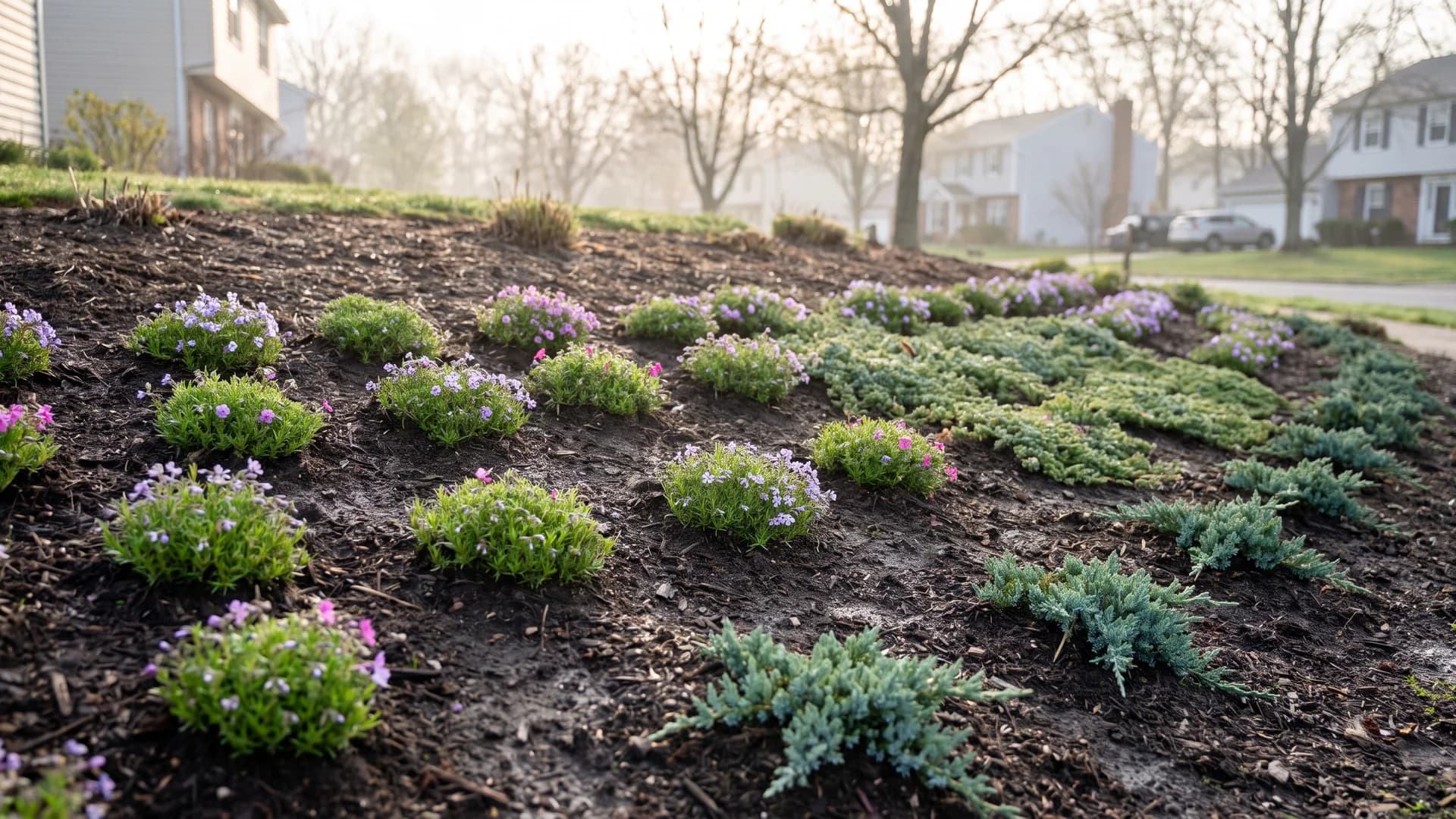 Creeping phlox and juniper plugs planted in rows across a hillside