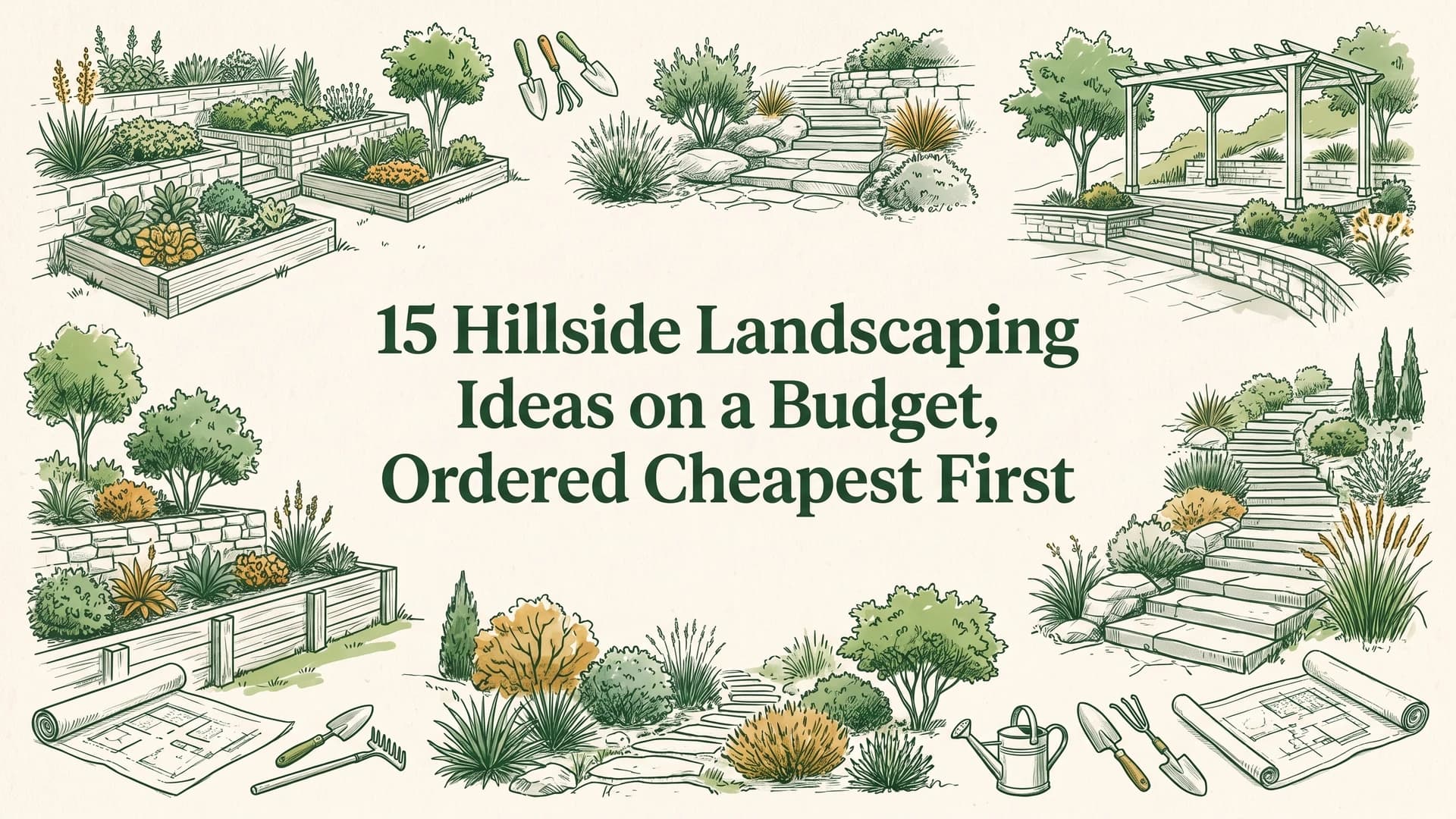 Hillside landscaping ideas on a budget with terraced beds, groundcover, and timber steps on a slope