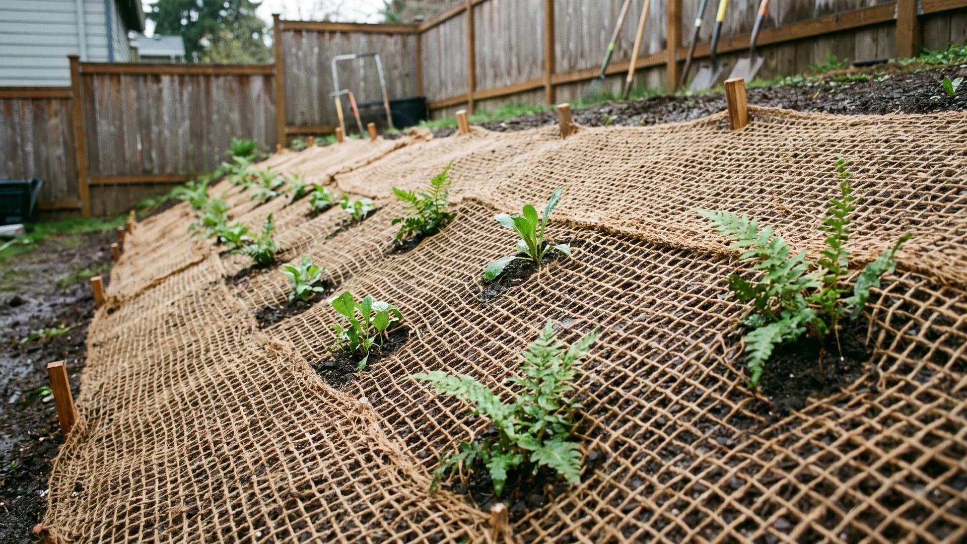 Jute erosion netting pinned over a newly planted slope section