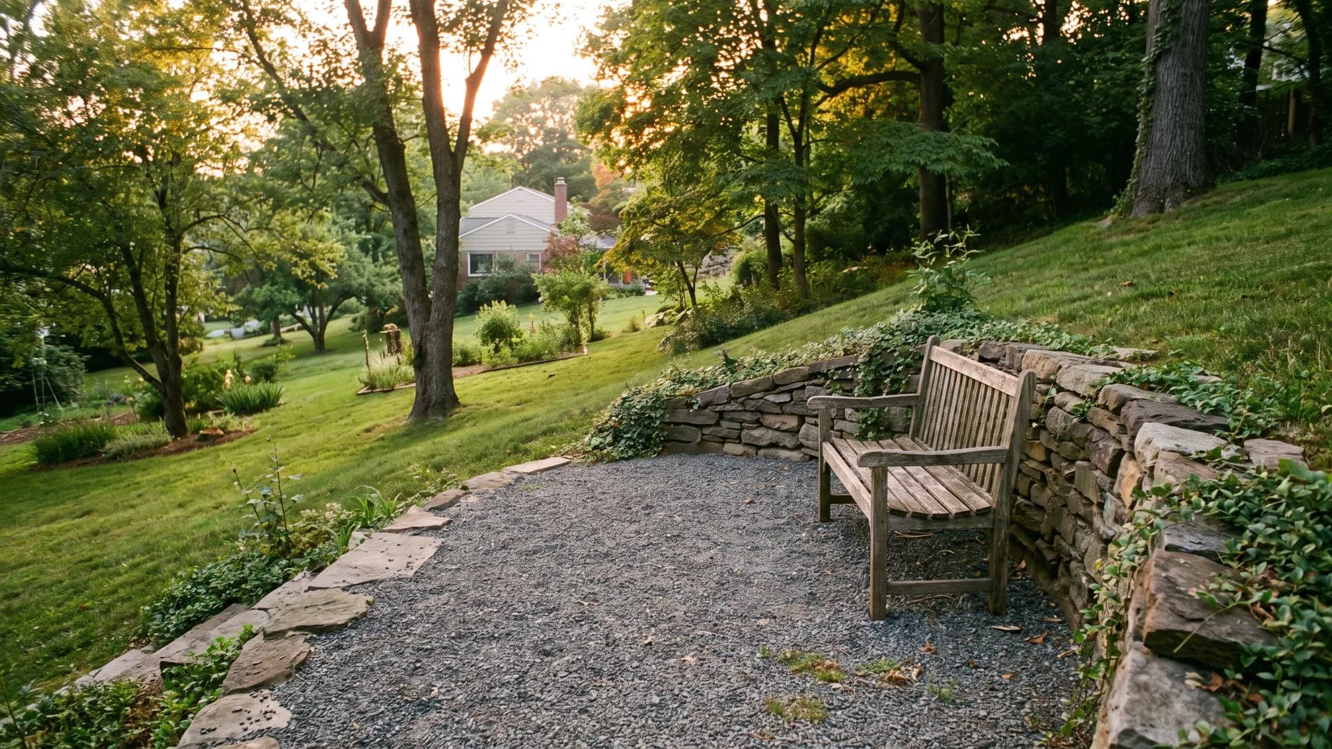 Small flat gravel landing with a bench mid-slope overlooking the yard