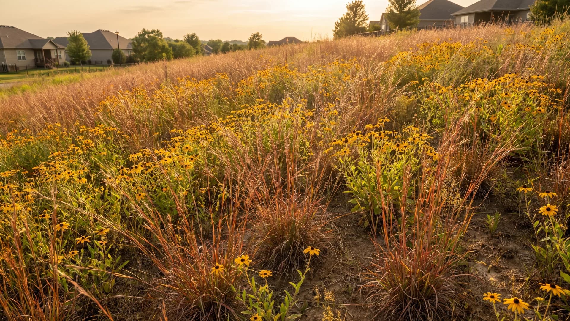 Native grasses and wildflowers stabilizing a natural-looking hillside